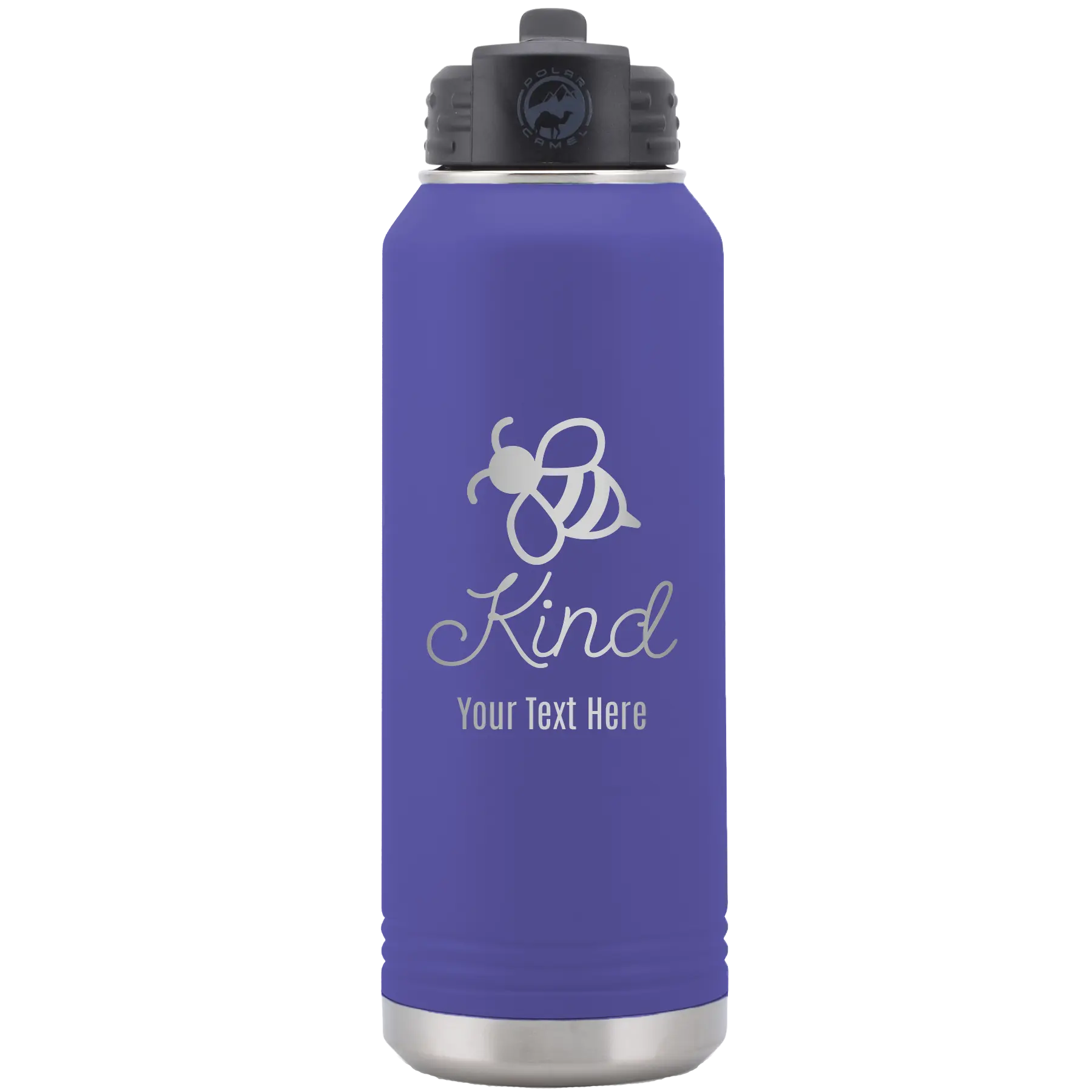 Personalized purple 32 oz vacuum insulated water bottle with 'Bee Kind' design