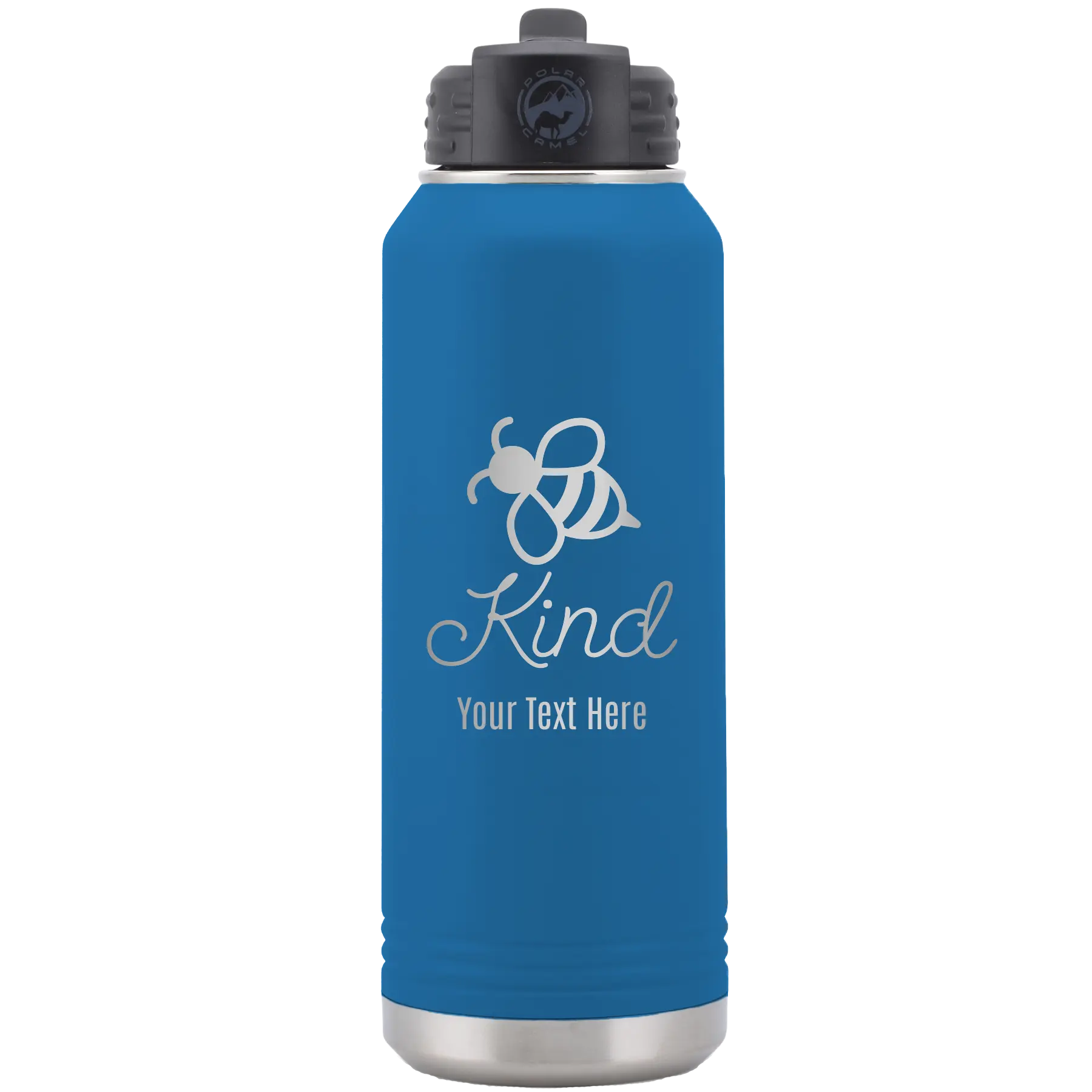 Personalized royal blue 32 oz vacuum insulated water bottle with 'Bee Kind' design