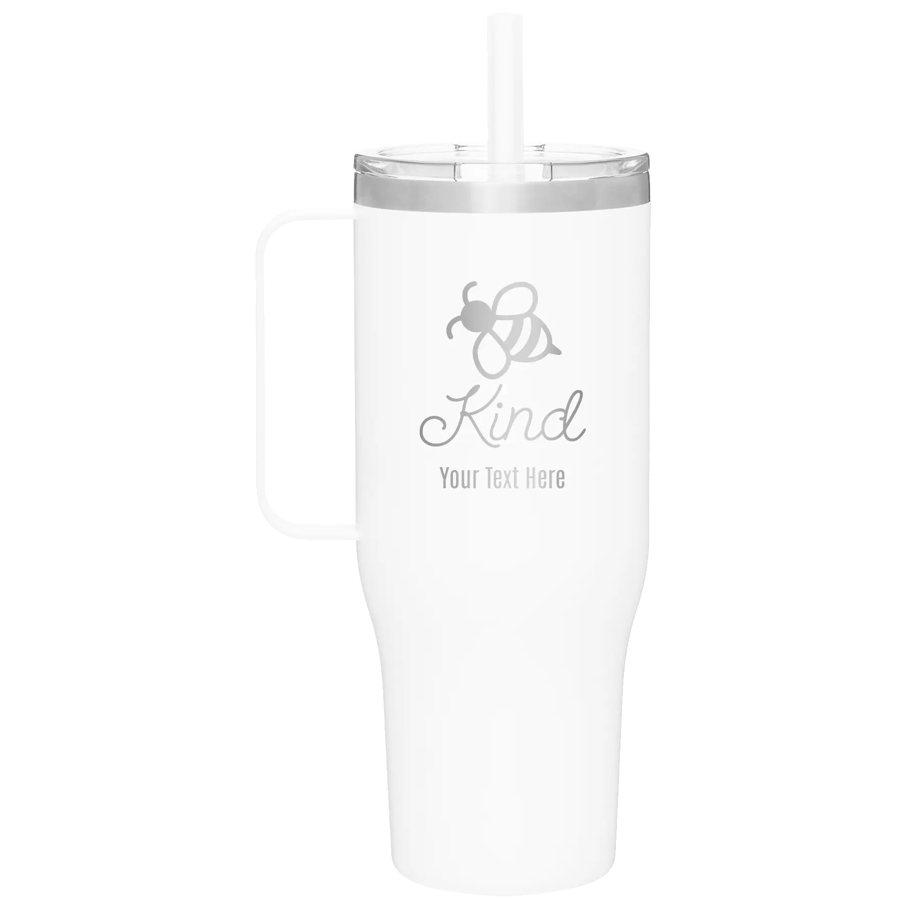 Personalized white 40 oz vacuum insulated tumbler mug with 'Bee Kind' design