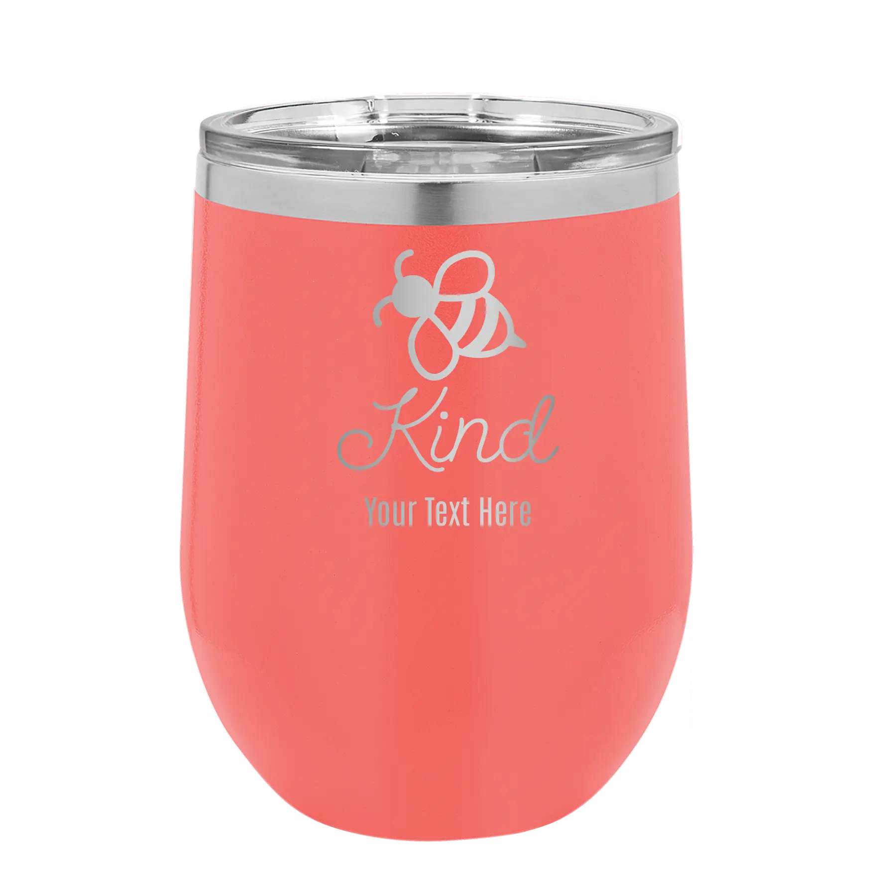 Personalized coral 12 oz vacuum insulated wine cup with 'Bee Kind' design