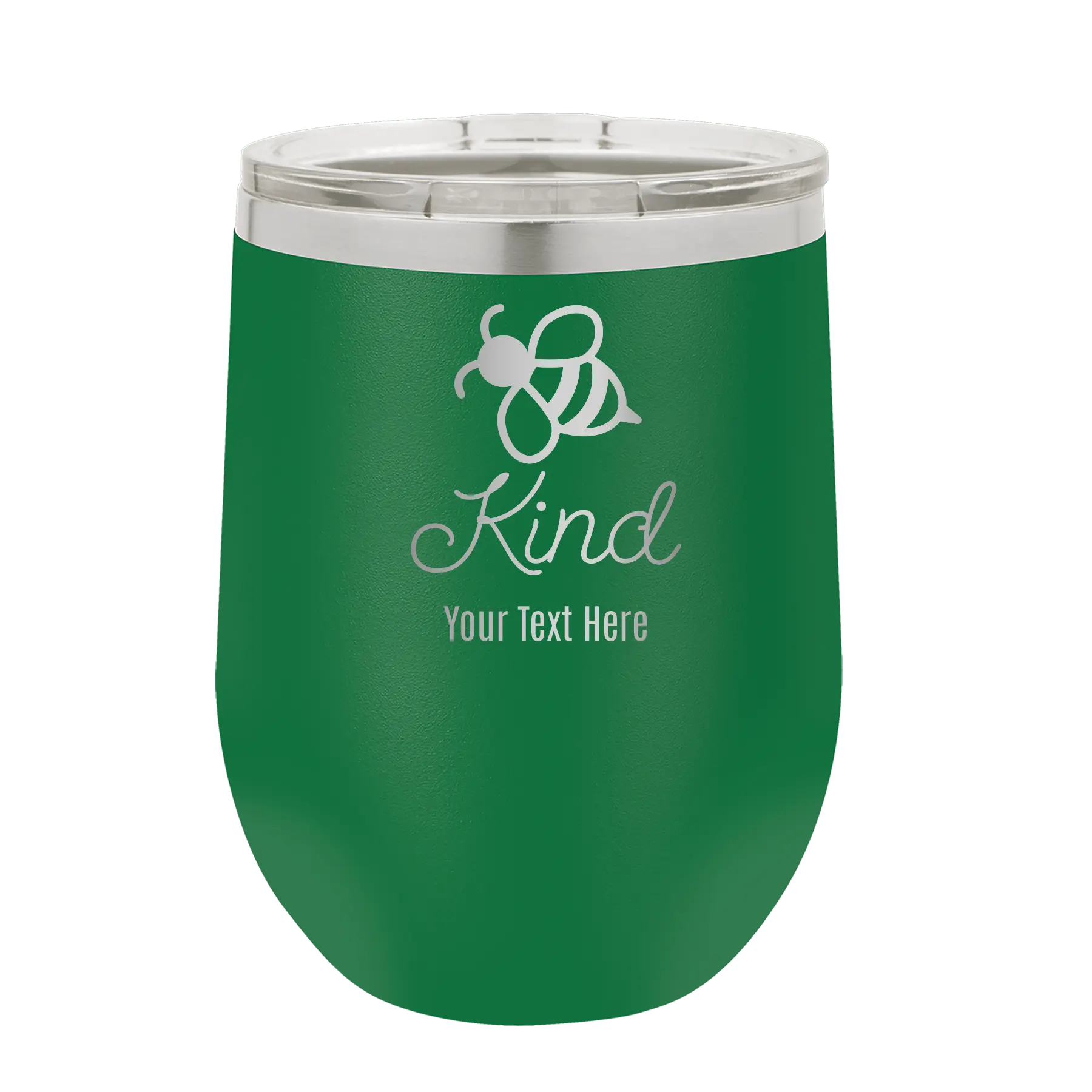 Personalized green 12 oz vacuum insulated wine cup with 'Bee Kind' design