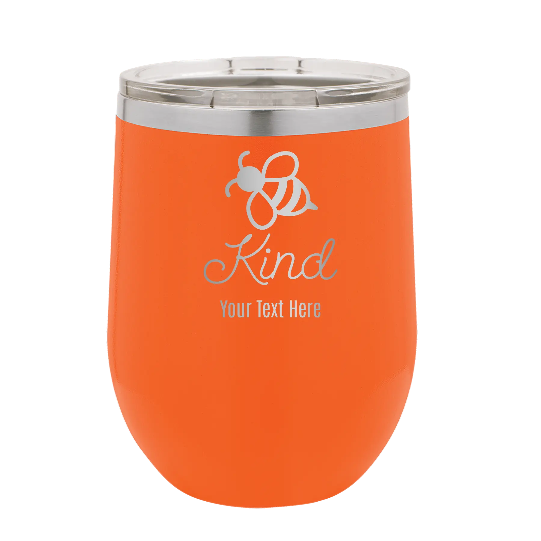 Personalized orange 12 oz vacuum insulated wine cup with 'Bee Kind' design
