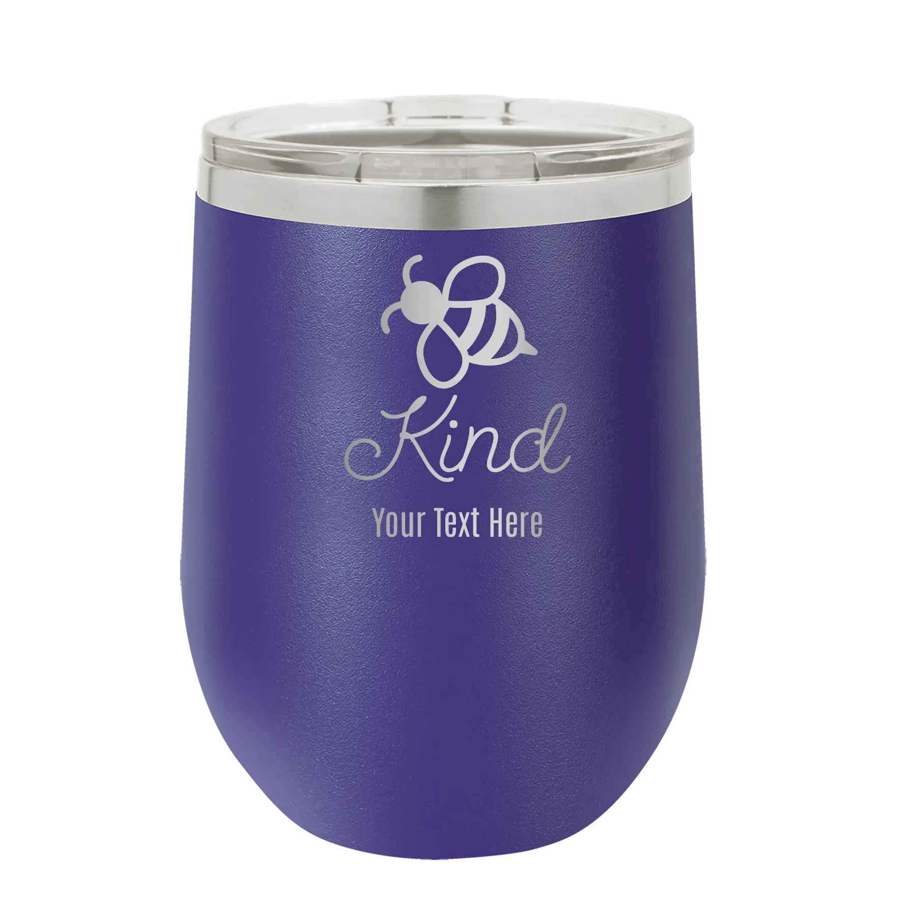 Personalized purple 12 oz vacuum insulated wine cup with 'Bee Kind' design