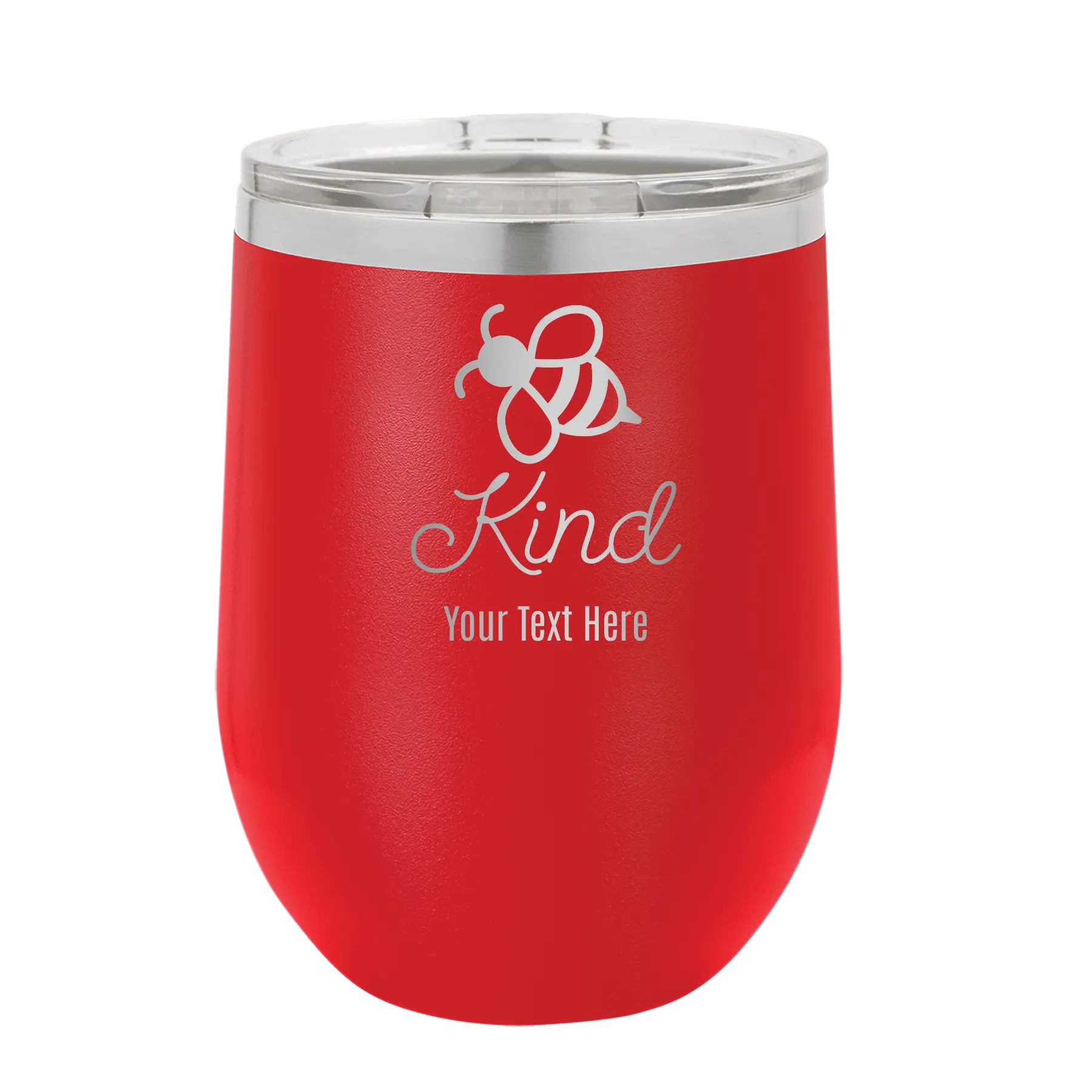 Personalized red 12 oz vacuum insulated wine cup with 'Bee Kind' design