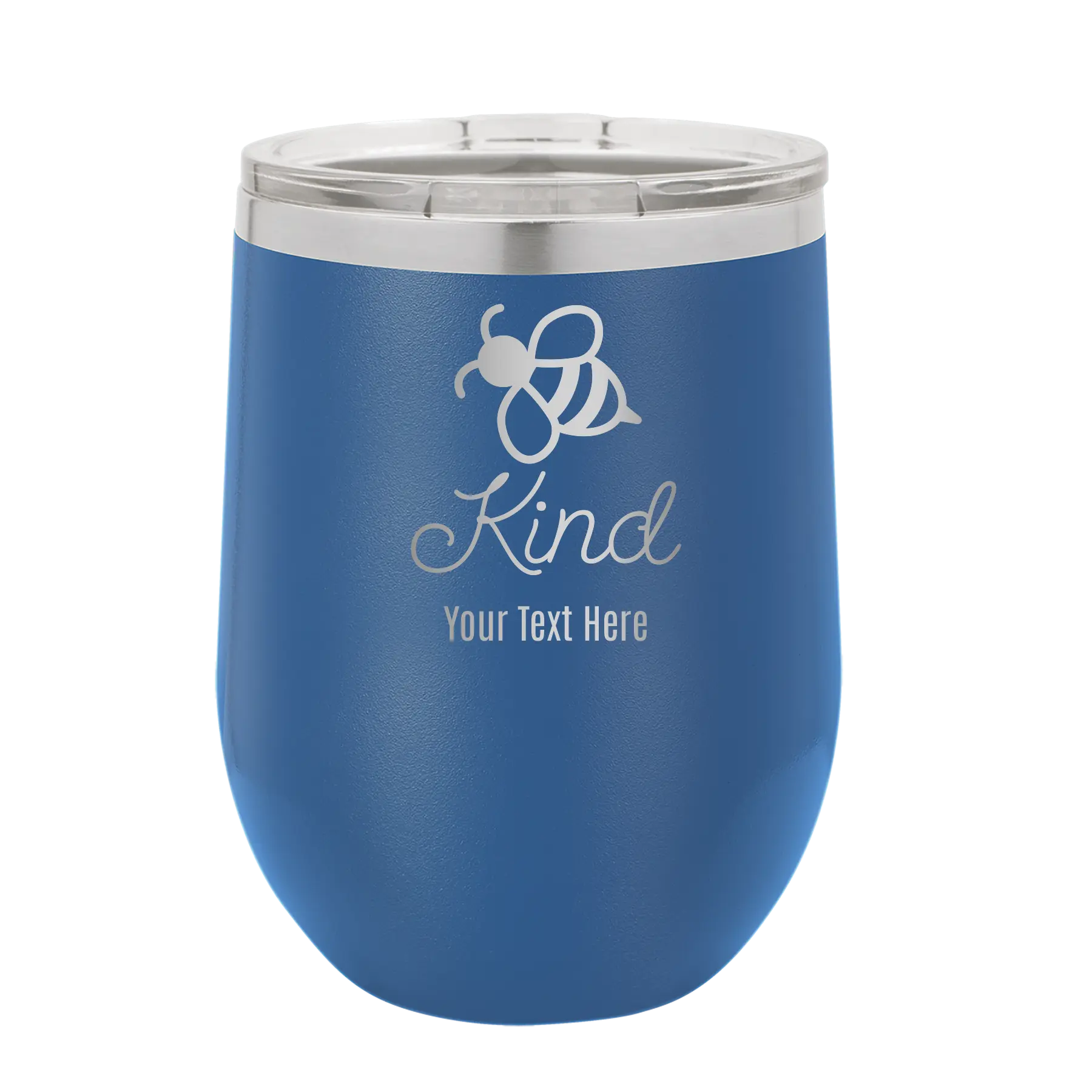 Personalized royal blue 12 oz vacuum insulated wine cup with 'Bee Kind' design