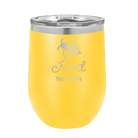 Personalized yellow 12 oz vacuum insulated wine cup with 'Bee Kind' design