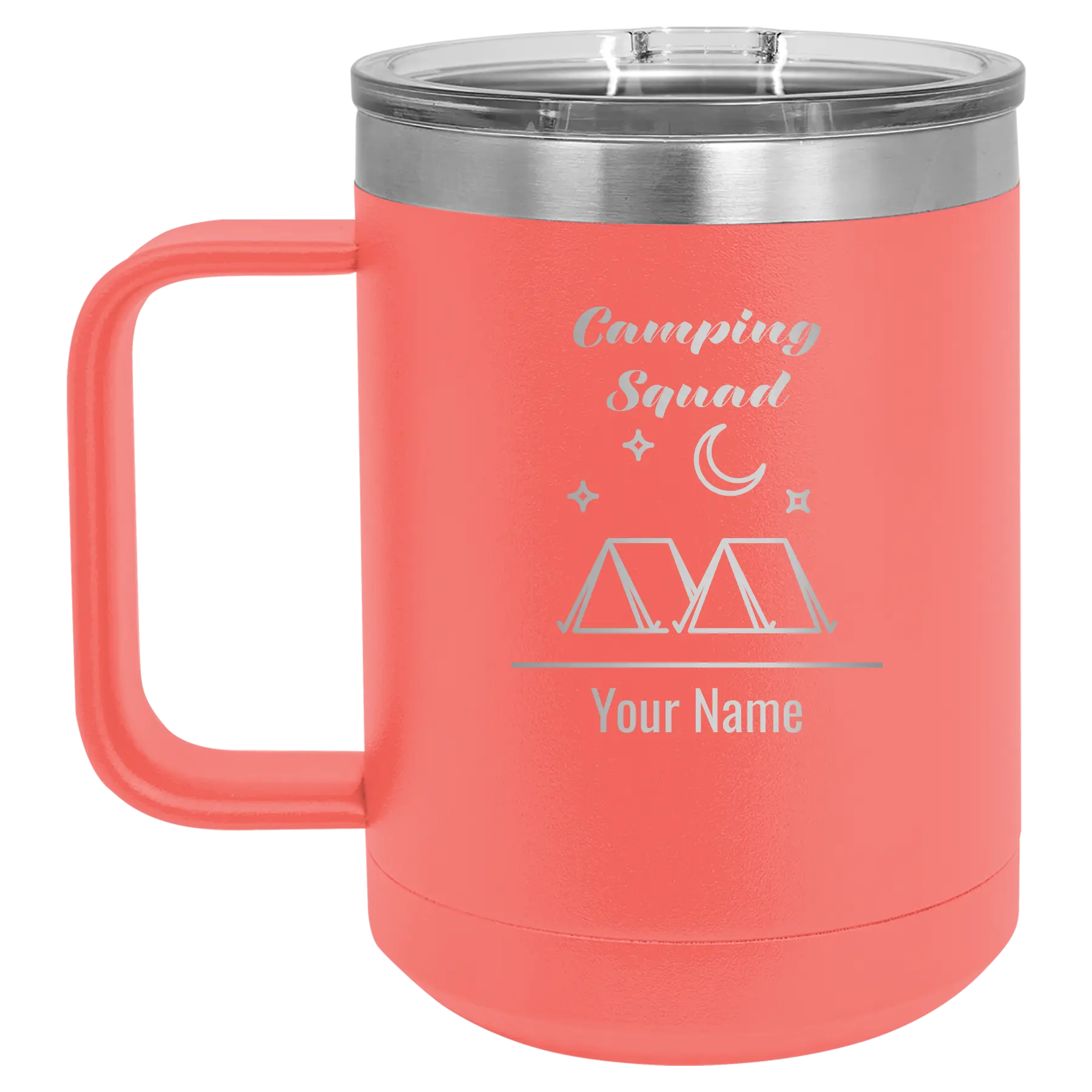 Personalized coral 15 oz vacuum insulated coffee mug with 'Camping Squad' design
