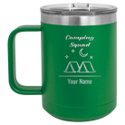 Personalized green 15 oz vacuum insulated coffee mug with 'Camping Squad' design