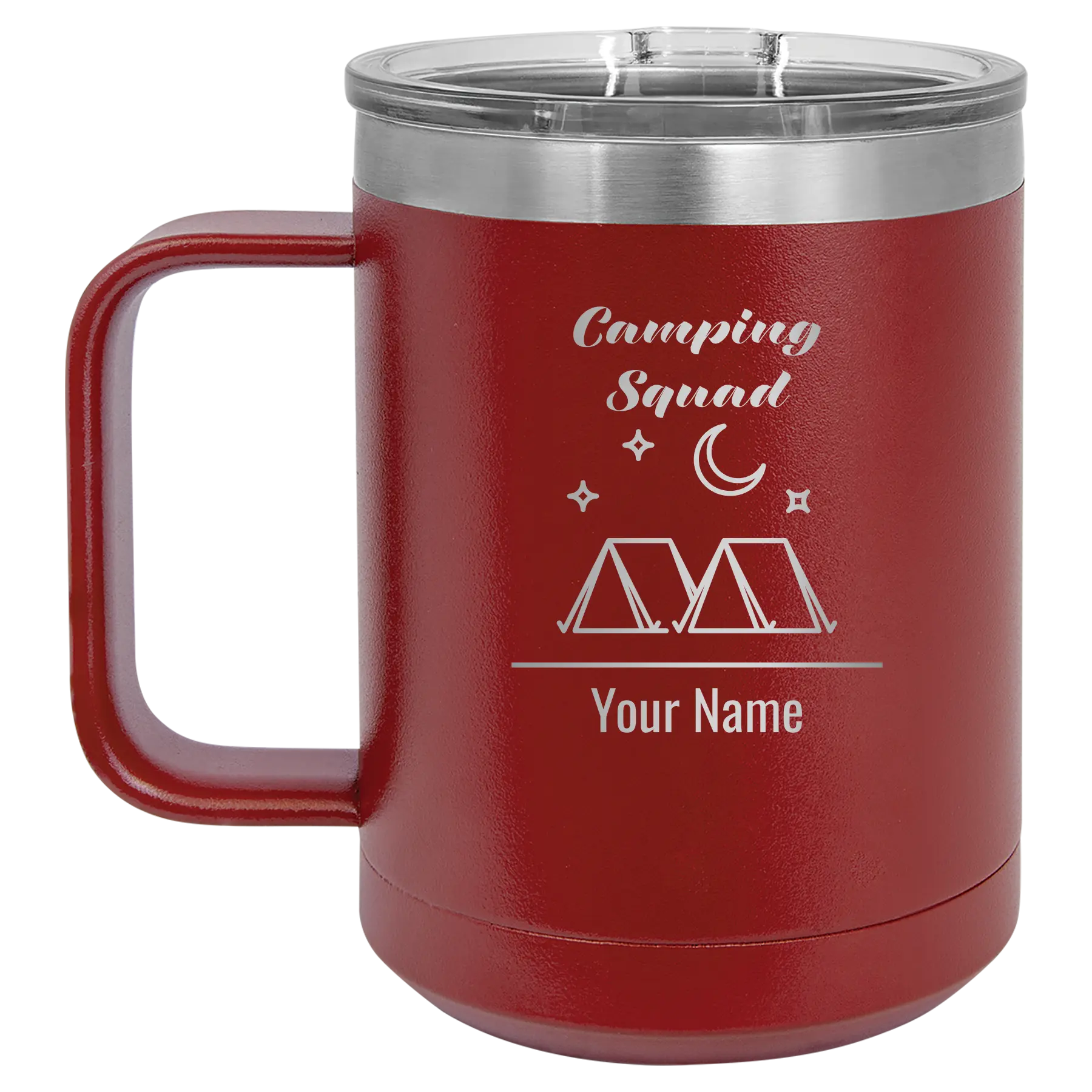 Personalized maroon 15 oz vacuum insulated coffee mug with 'Camping Squad' design