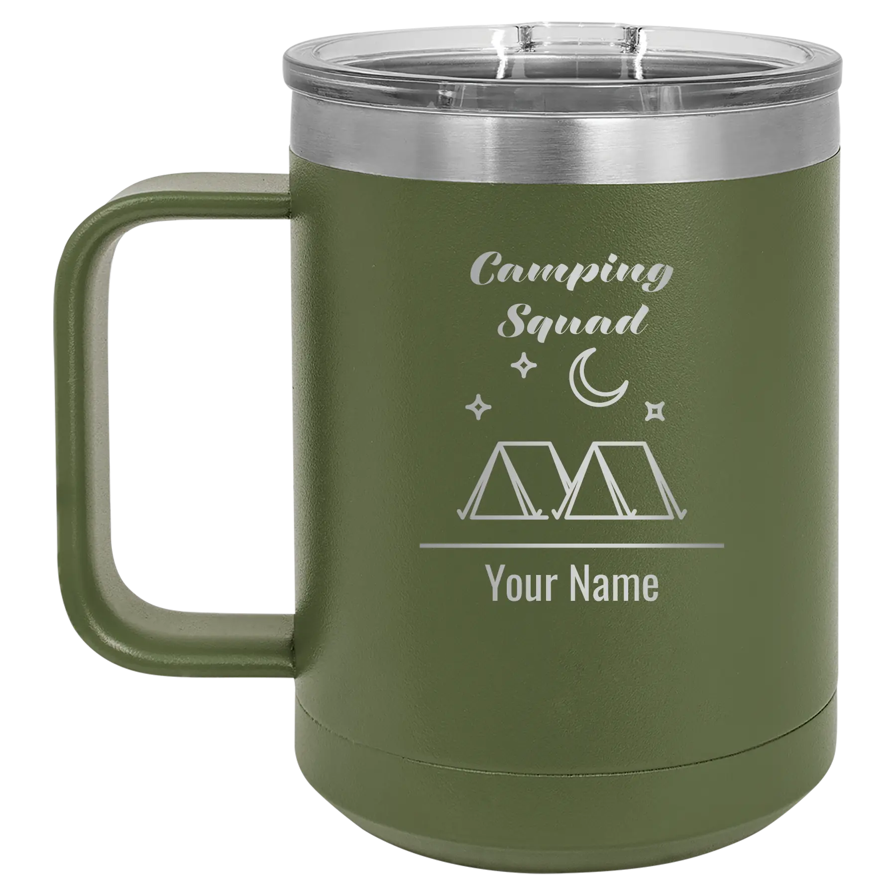 Personalized olive green 15 oz vacuum insulated coffee mug with 'Camping Squad' design