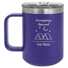 Personalized purple 15 oz vacuum insulated coffee mug with 'Camping Squad' design