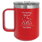 Personalized red 15 oz vacuum insulated coffee mug with 'Camping Squad' design