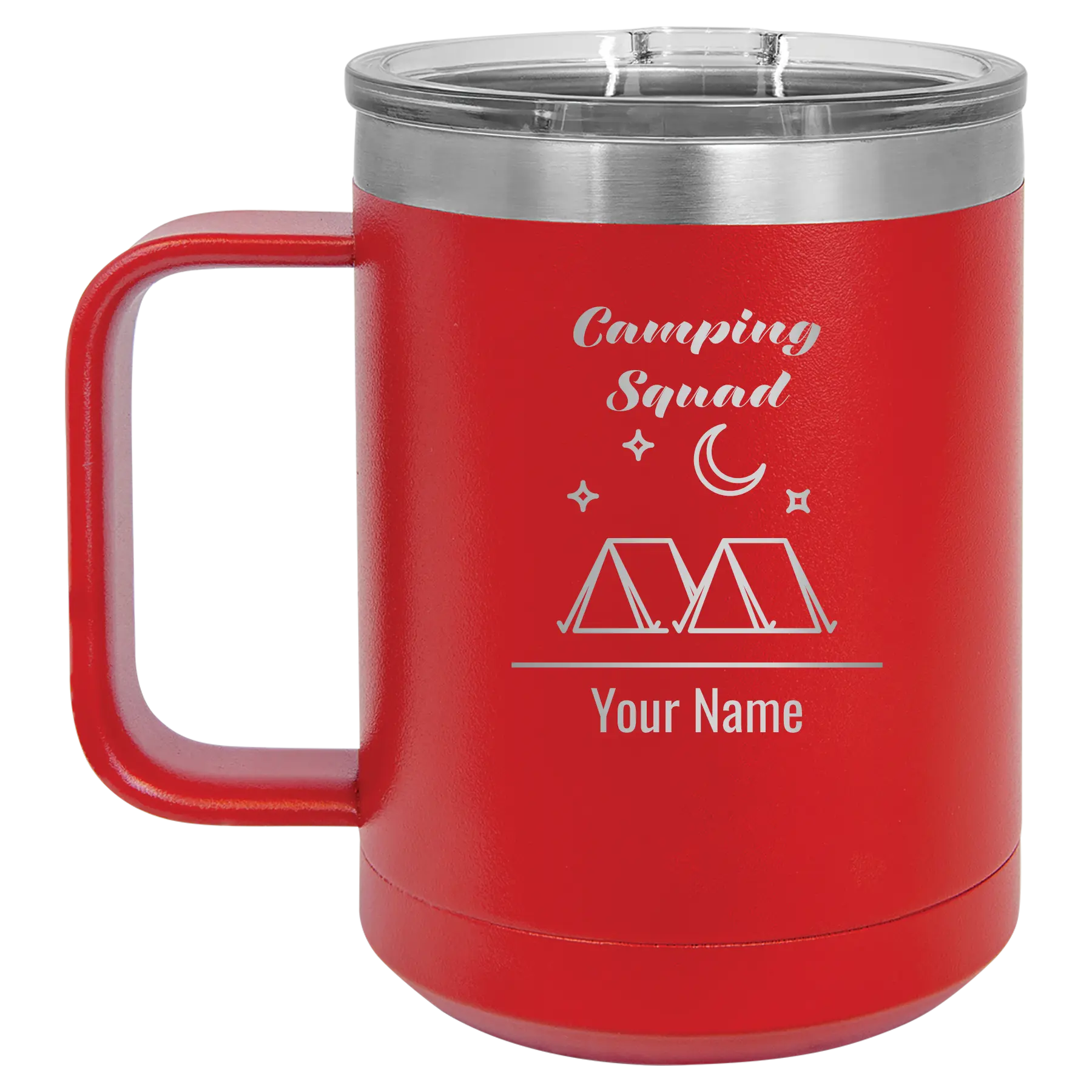 Personalized red 15 oz vacuum insulated coffee mug with 'Camping Squad' design