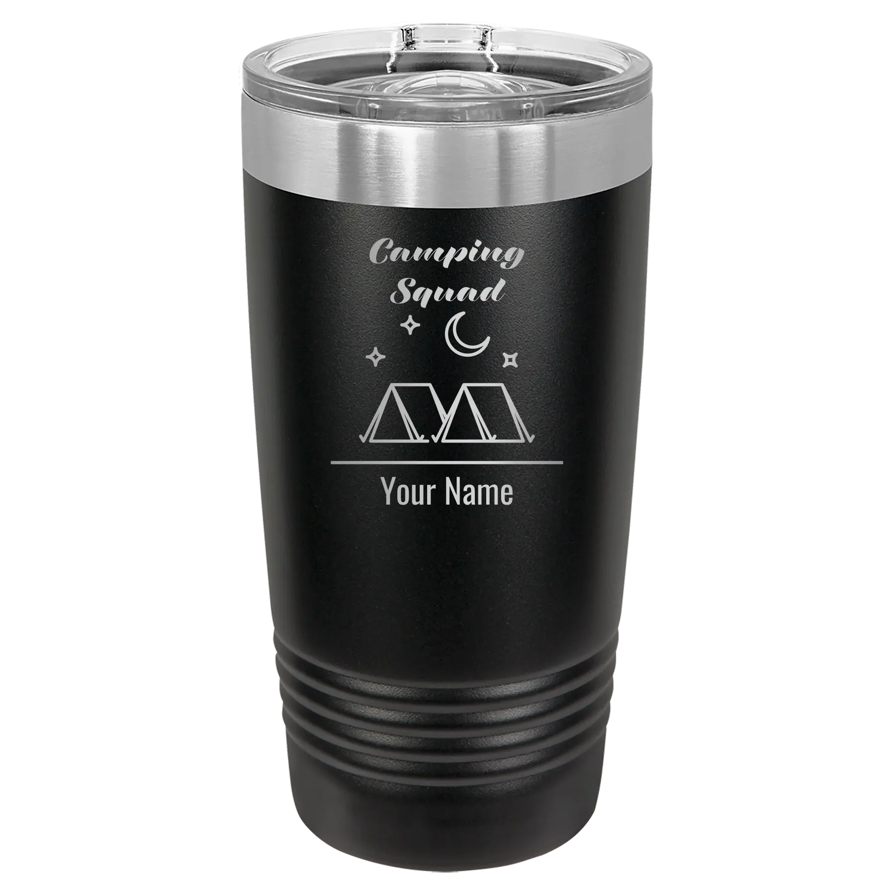 Personalized black 20 oz vacuum insulated tumbler with 'Camping Squad' design