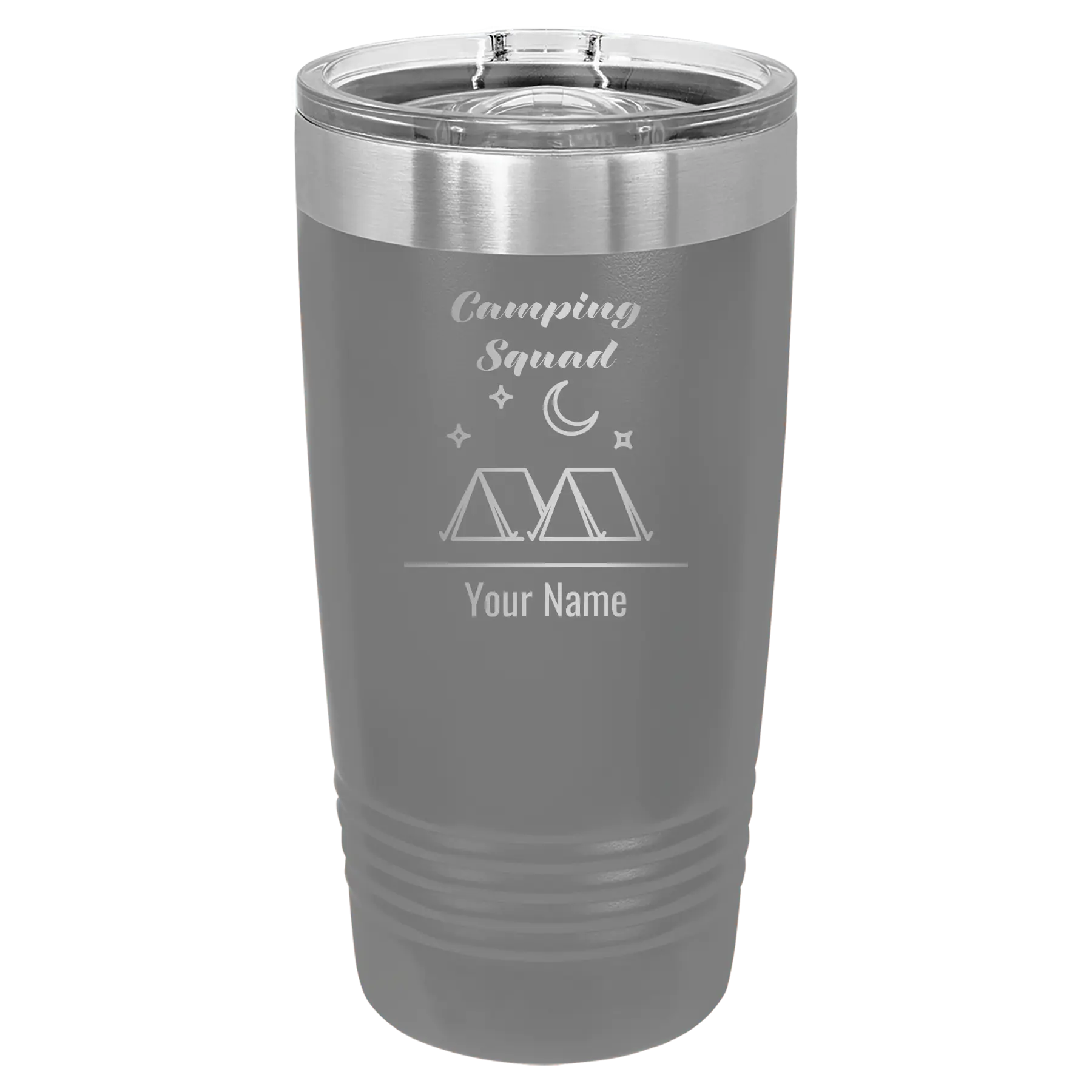 Personalized dark gray 20 oz vacuum insulated tumbler with 'Camping Squad' design
