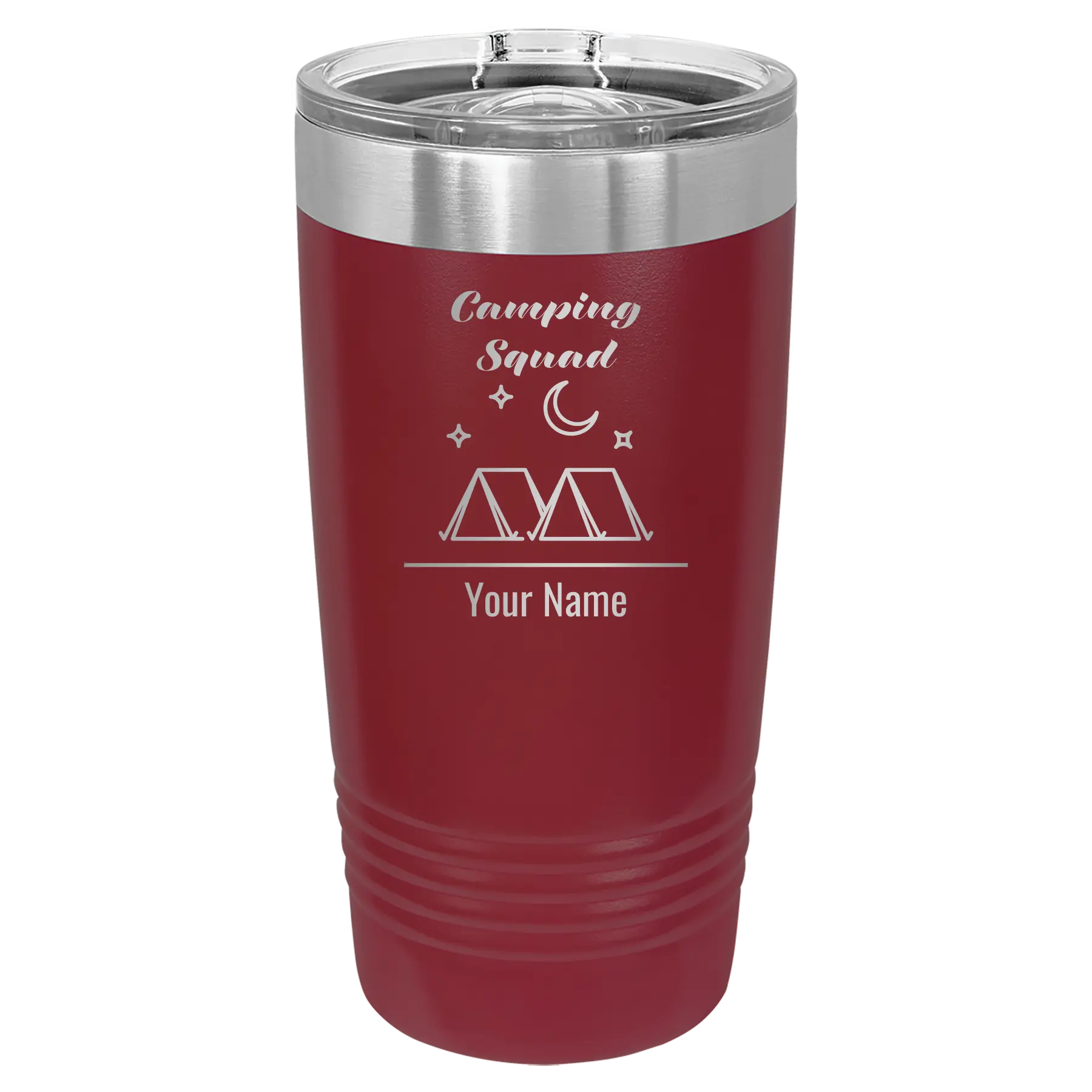 Personalized maroon 20 oz vacuum insulated tumbler with 'Camping Squad' design