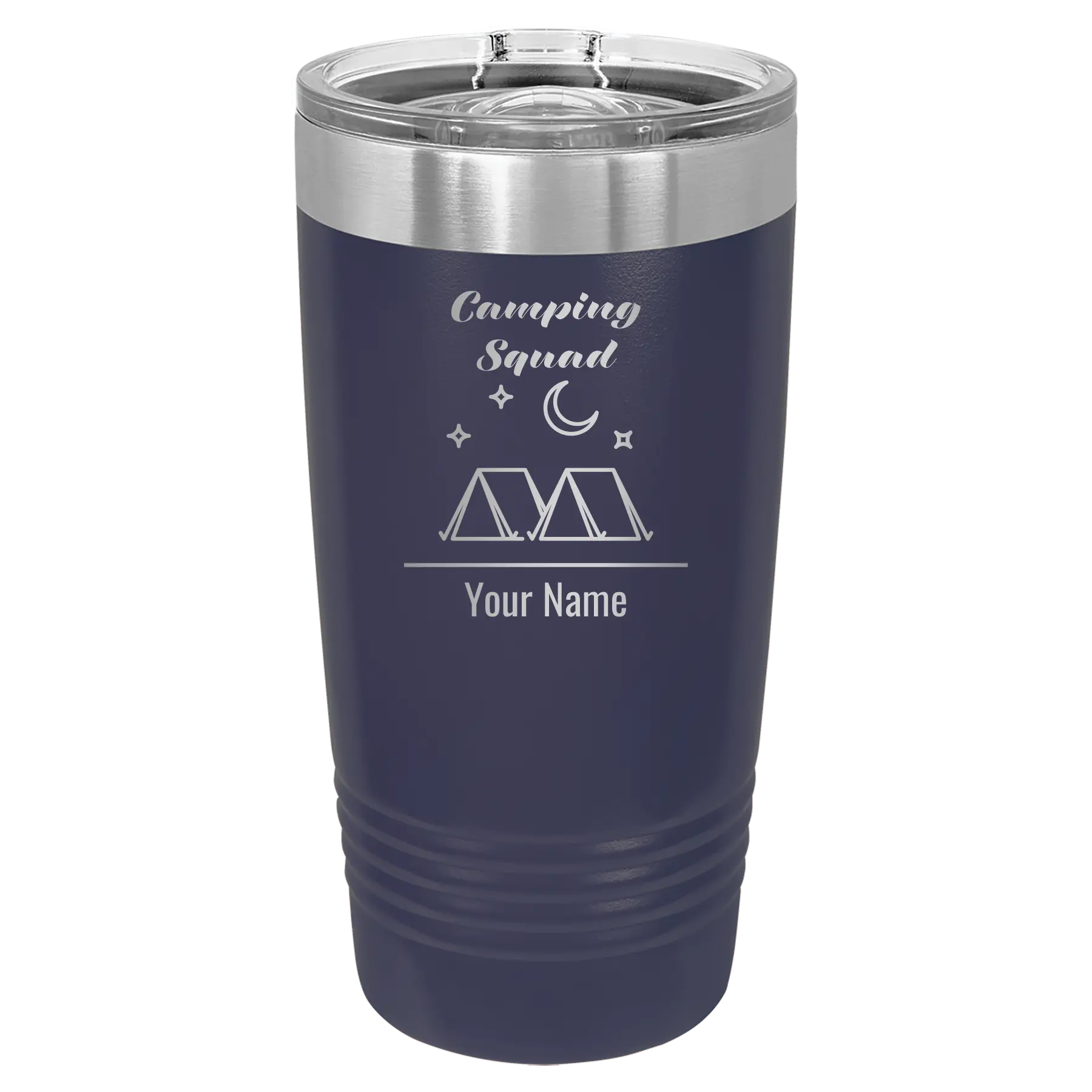 Personalized navy 20 oz vacuum insulated tumbler with 'Camping Squad' design