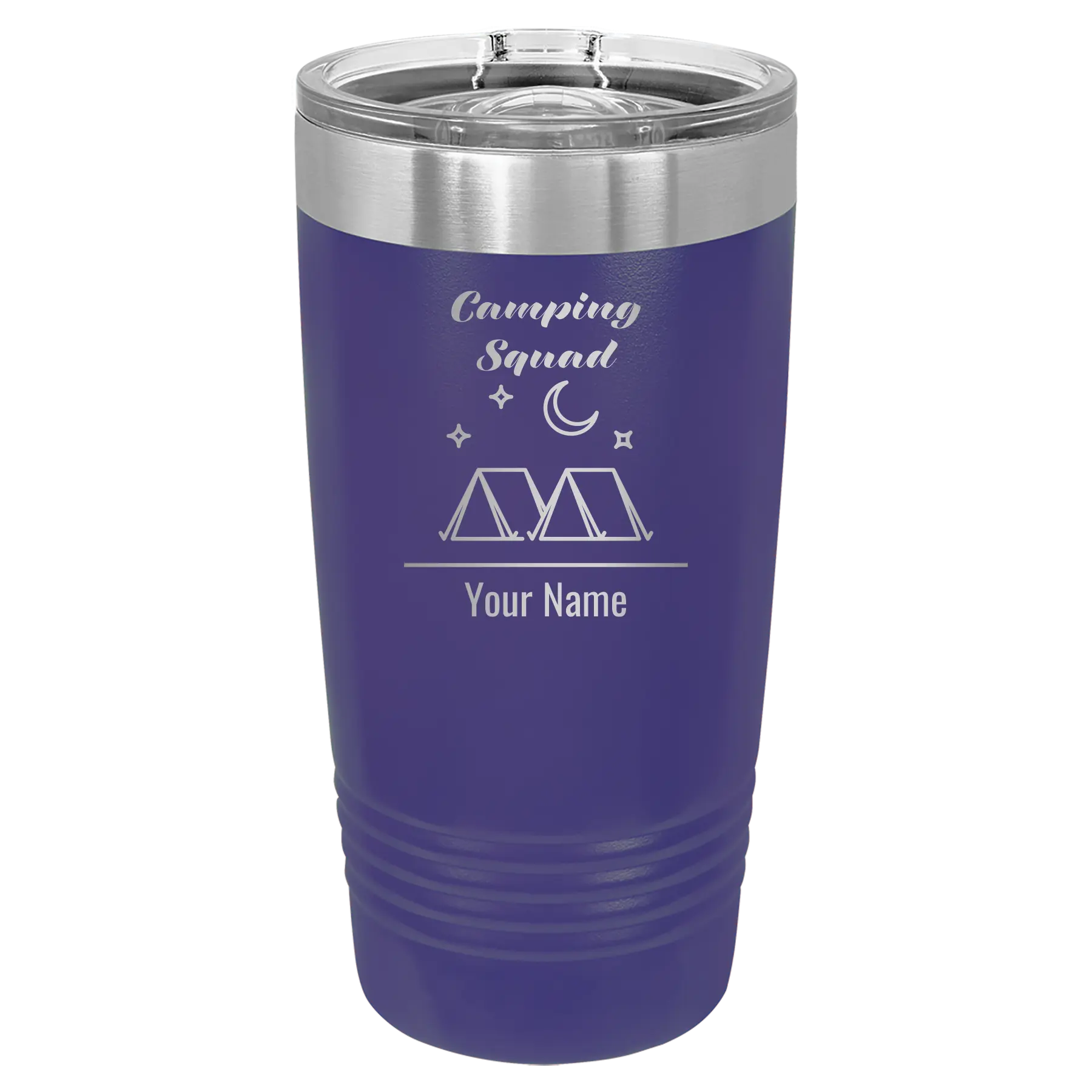 Personalized purple 20 oz vacuum insulated tumbler with 'Camping Squad' design