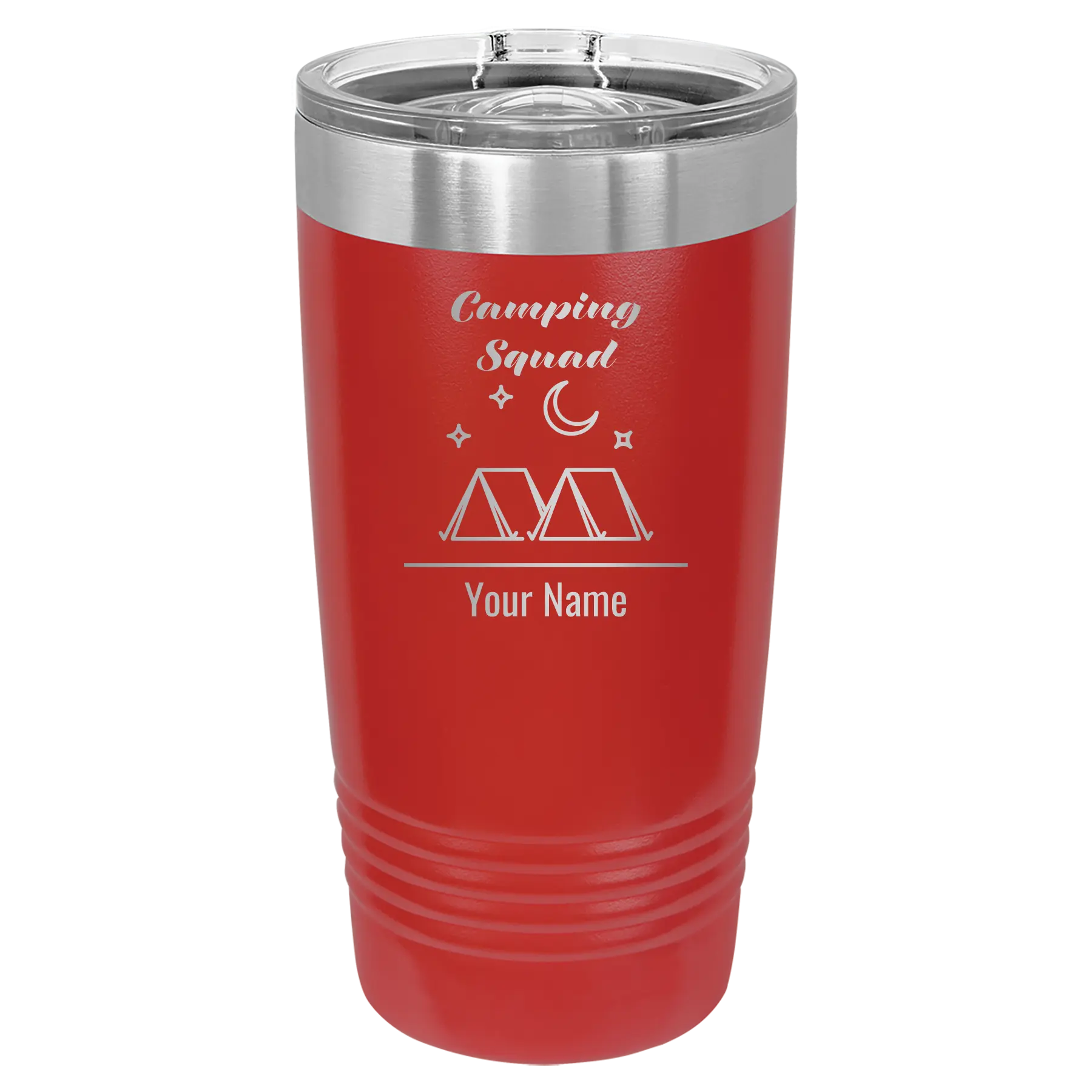 Personalized red 20 oz vacuum insulated tumbler with 'Camping Squad' design