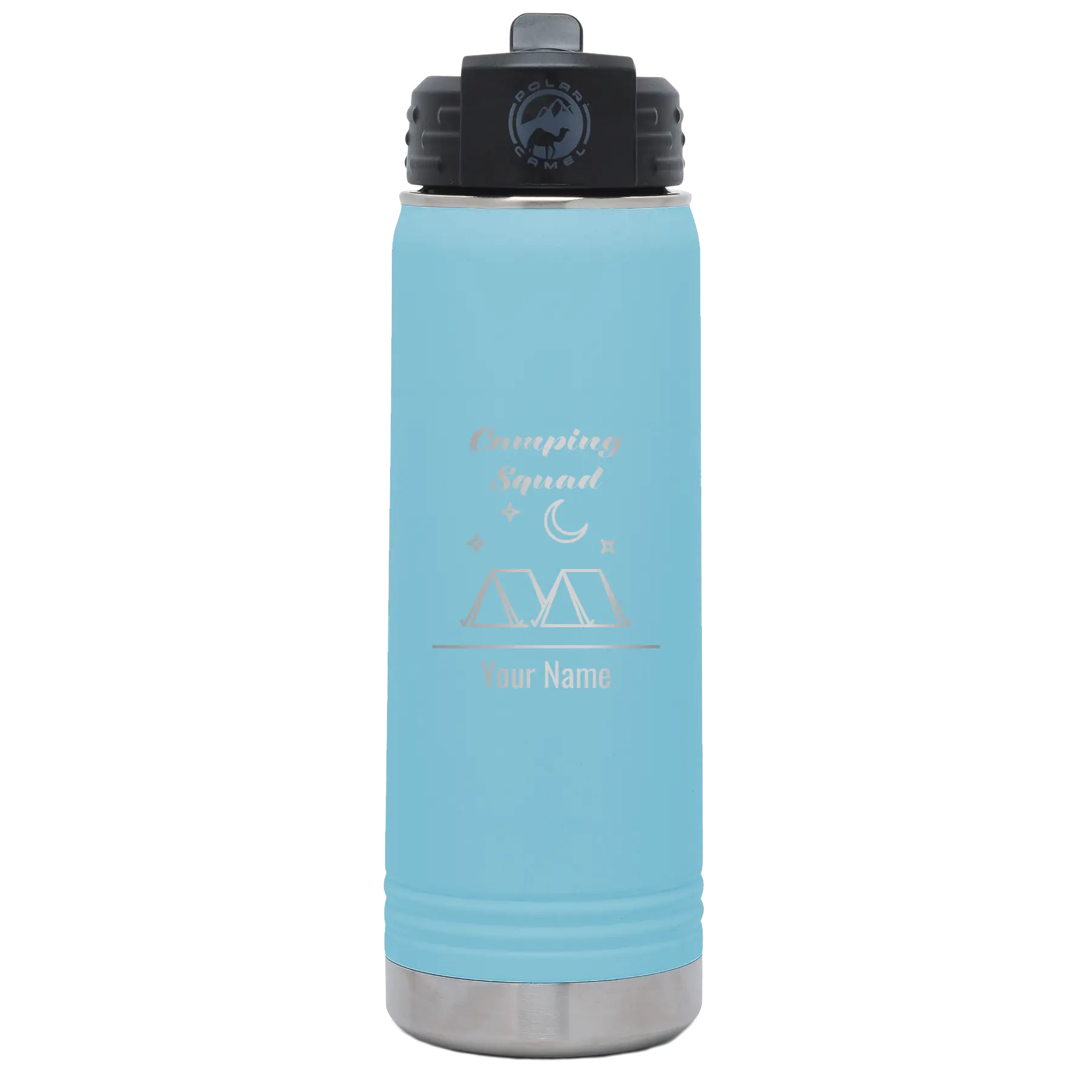 Personalized light blue 20 oz vacuum insulated water bottle with 'Camping Squad' design