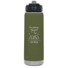 Personalized olive green 20 oz vacuum insulated water bottle with 'Camping Squad' design