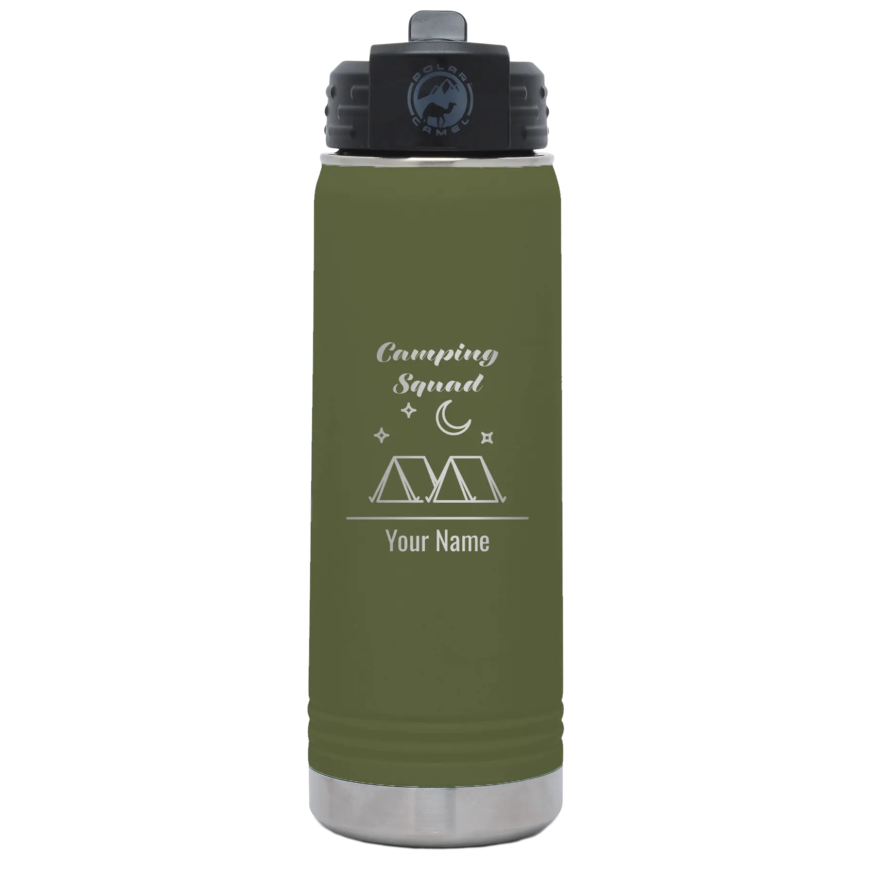 Personalized olive green 20 oz vacuum insulated water bottle with 'Camping Squad' design
