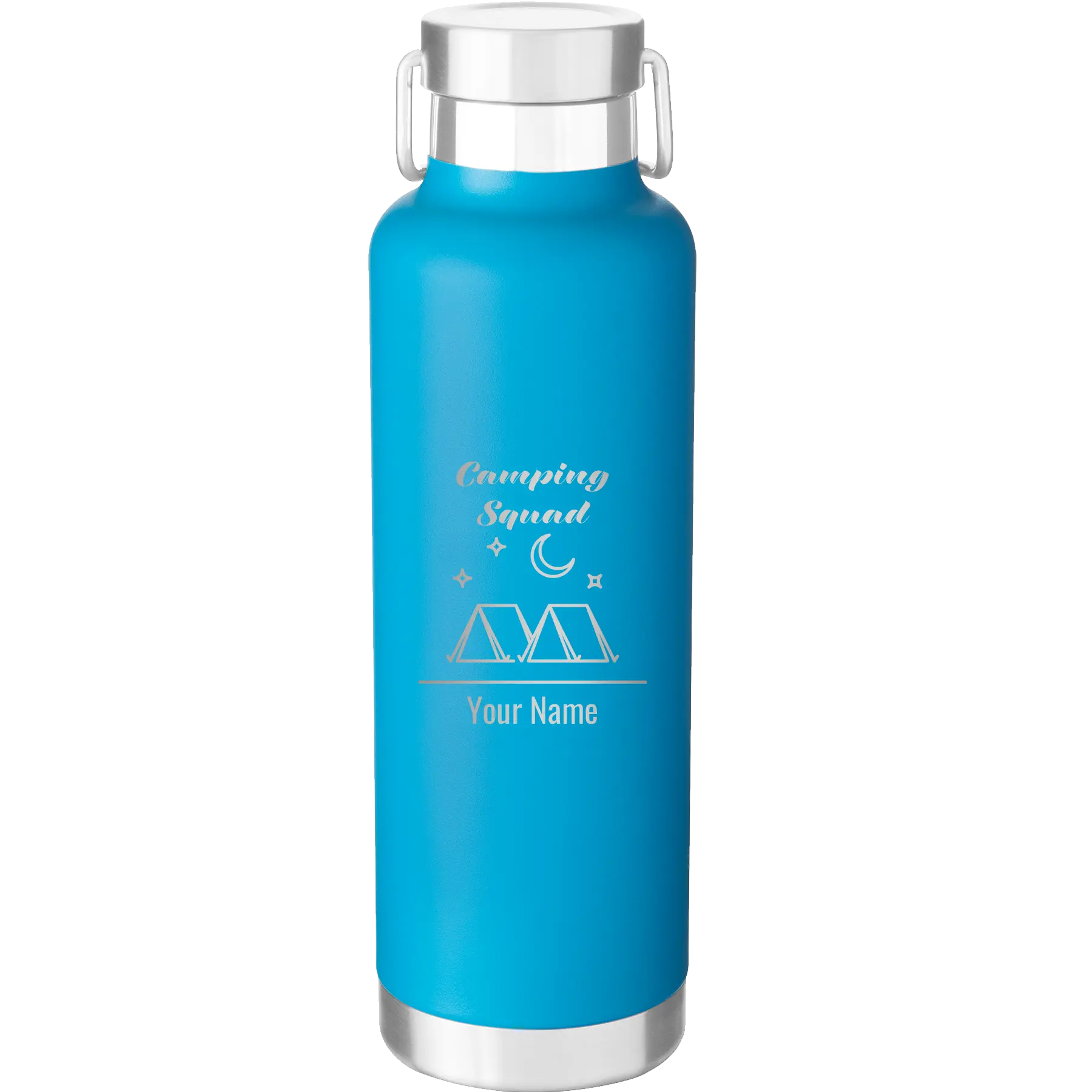 Personalized aqua 24 oz vacuum insulated water bottle with 'Camping Squad' design