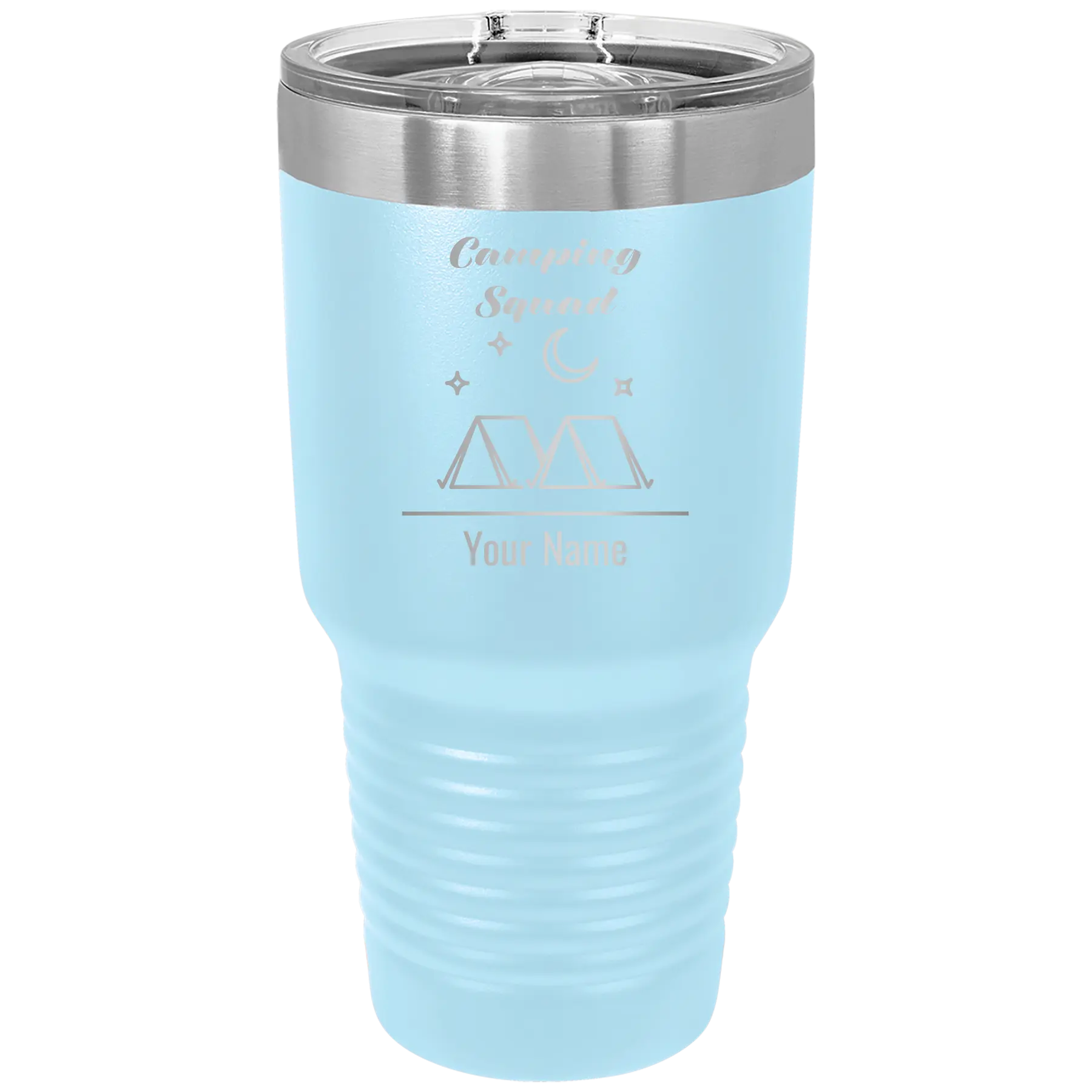 Personalized light blue 30 oz vacuum insulated tumbler with 'Camping Squad' design