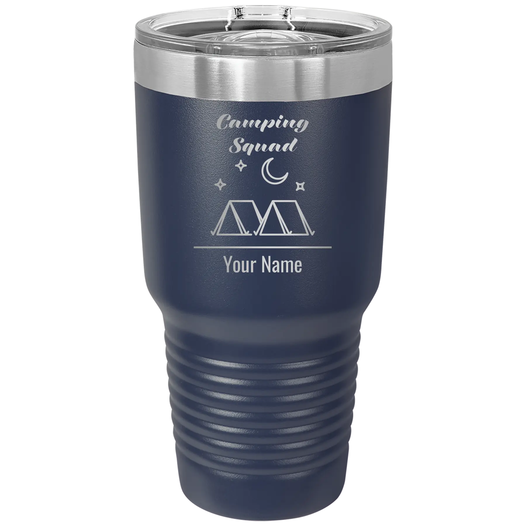Personalized navy 30 oz vacuum insulated tumbler with 'Camping Squad' design
