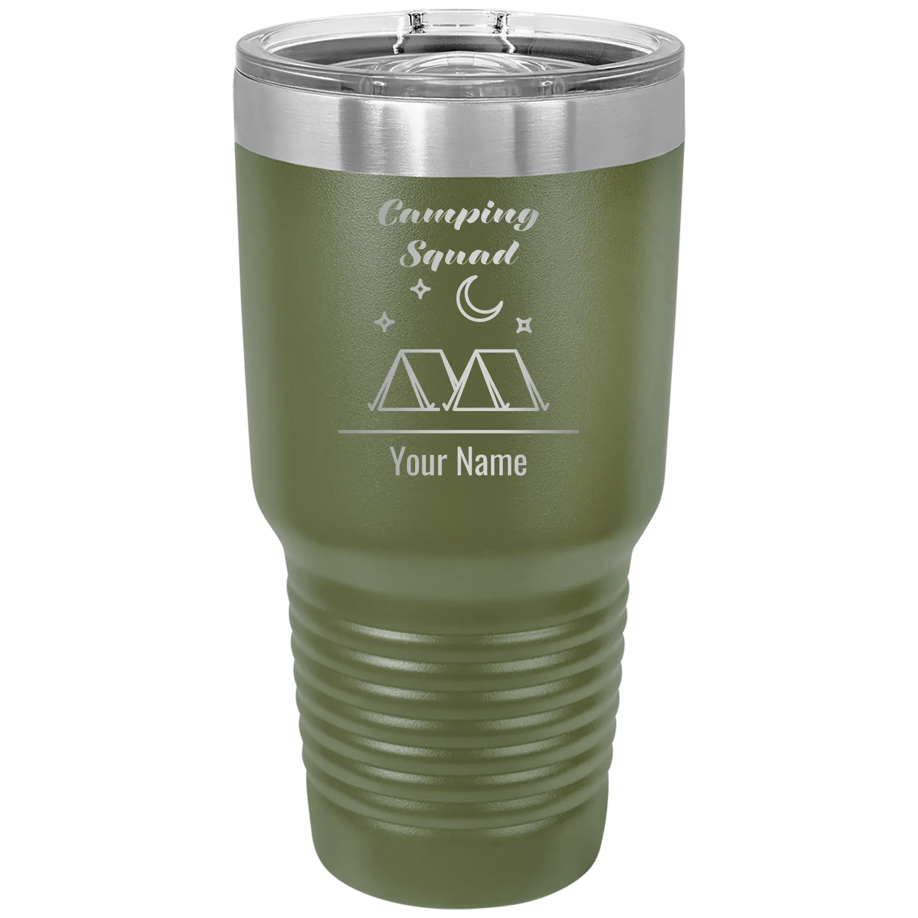 Personalized olive green 30 oz vacuum insulated tumbler with 'Camping Squad' design