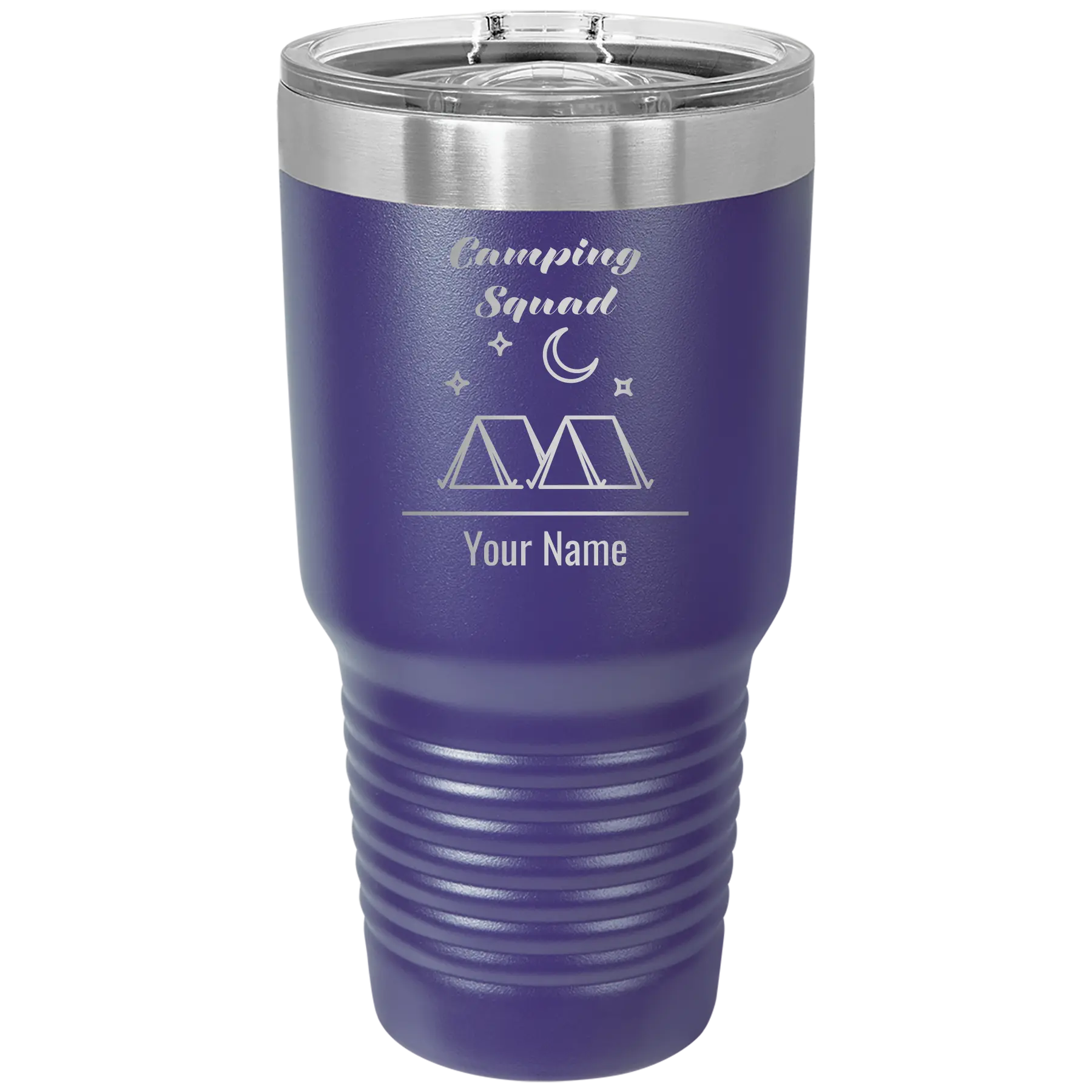 Personalized purple 30 oz vacuum insulated tumbler with 'Camping Squad' design