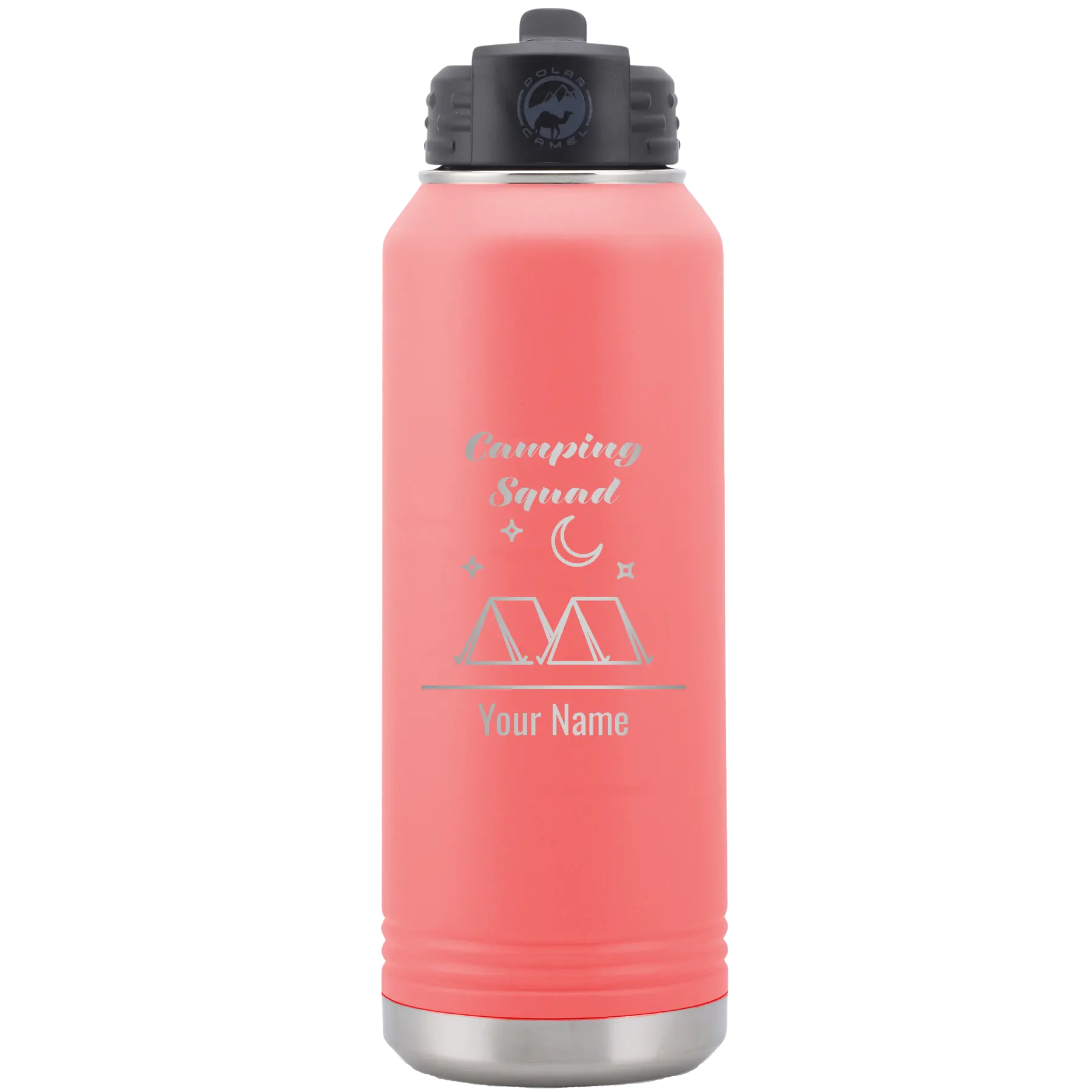 Personalized coral 32 oz vacuum insulated water bottle with 'Camping Squad' design
