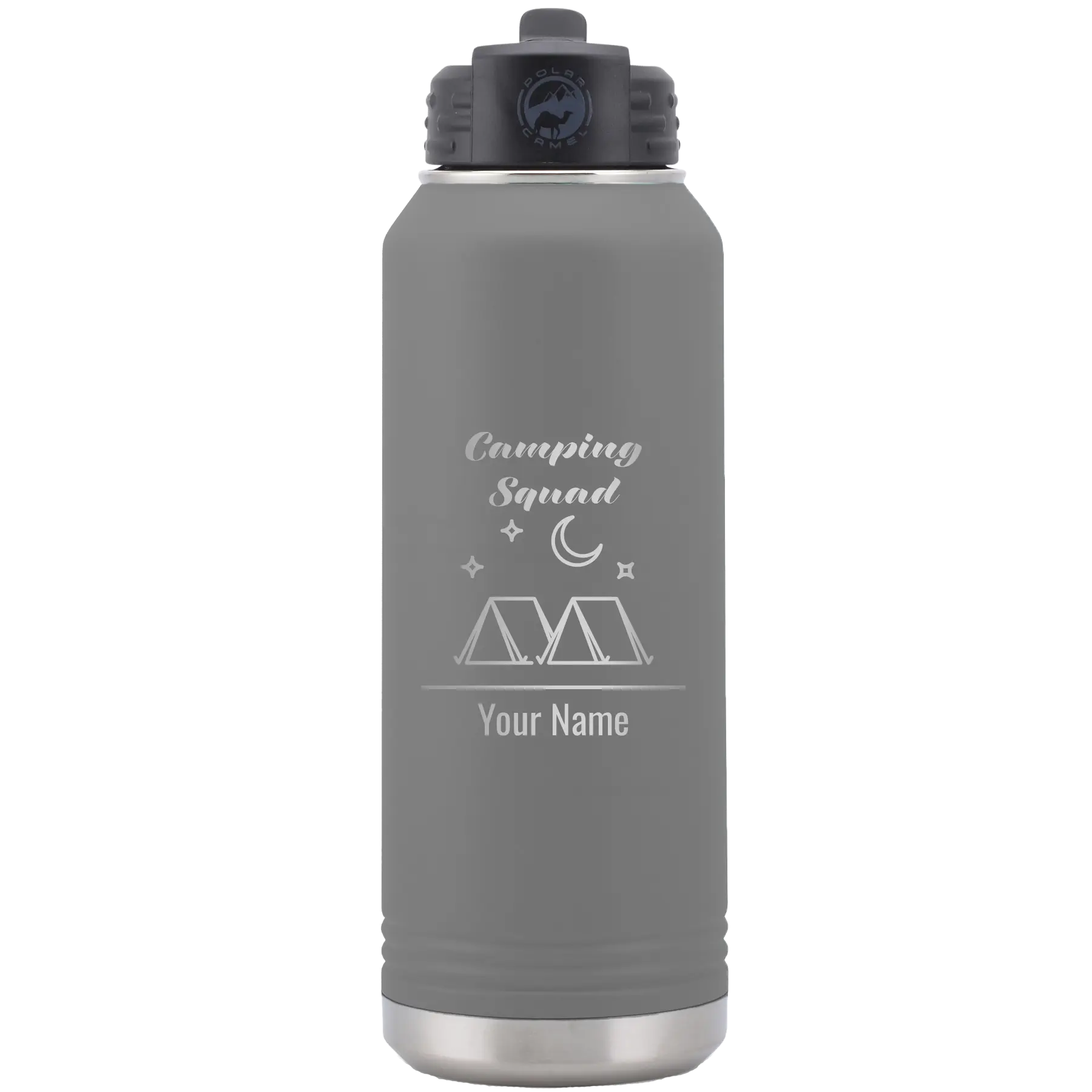 Personalized dark gray 32 oz vacuum insulated water bottle with 'Camping Squad' design