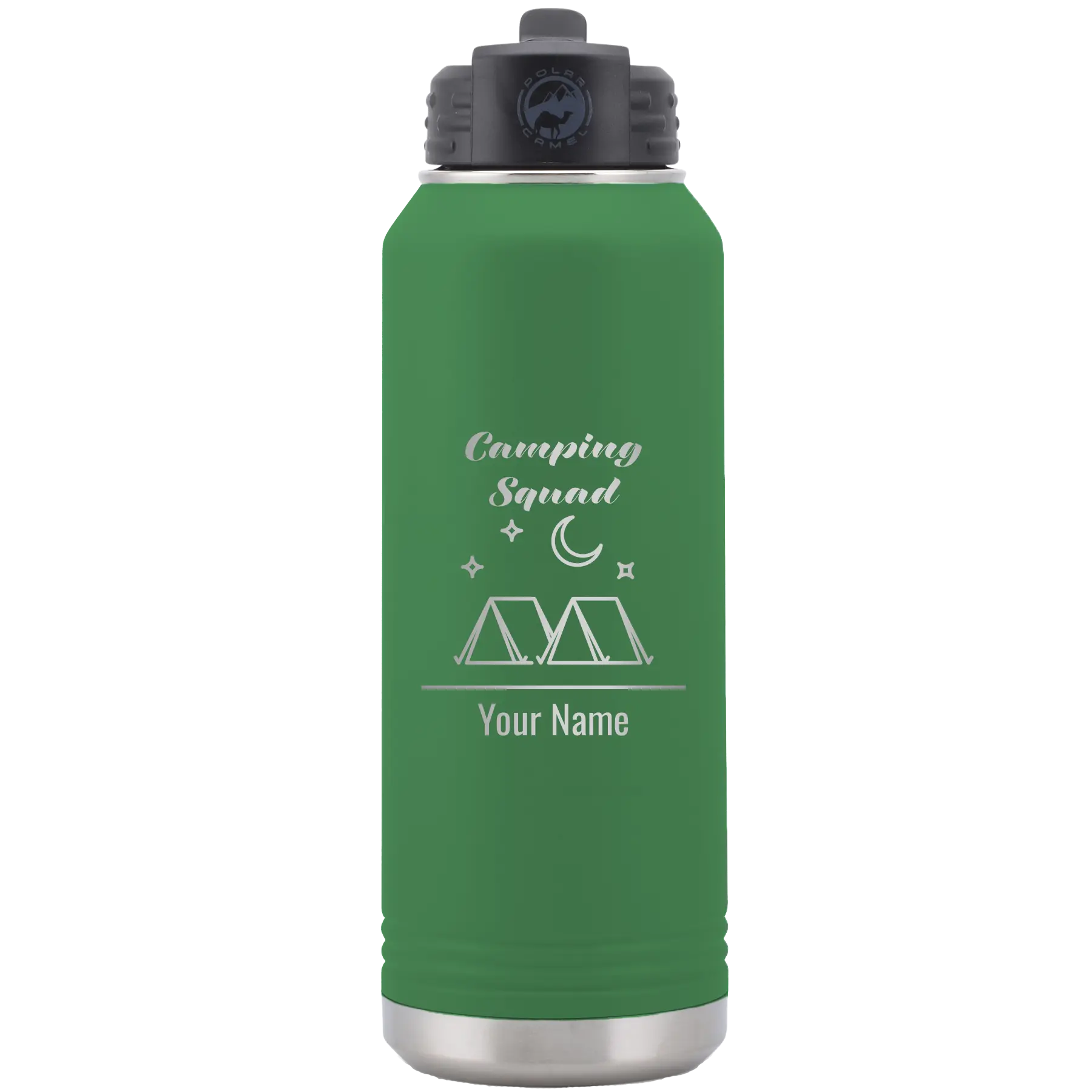 Personalized green 32 oz vacuum insulated water bottle with 'Camping Squad' design