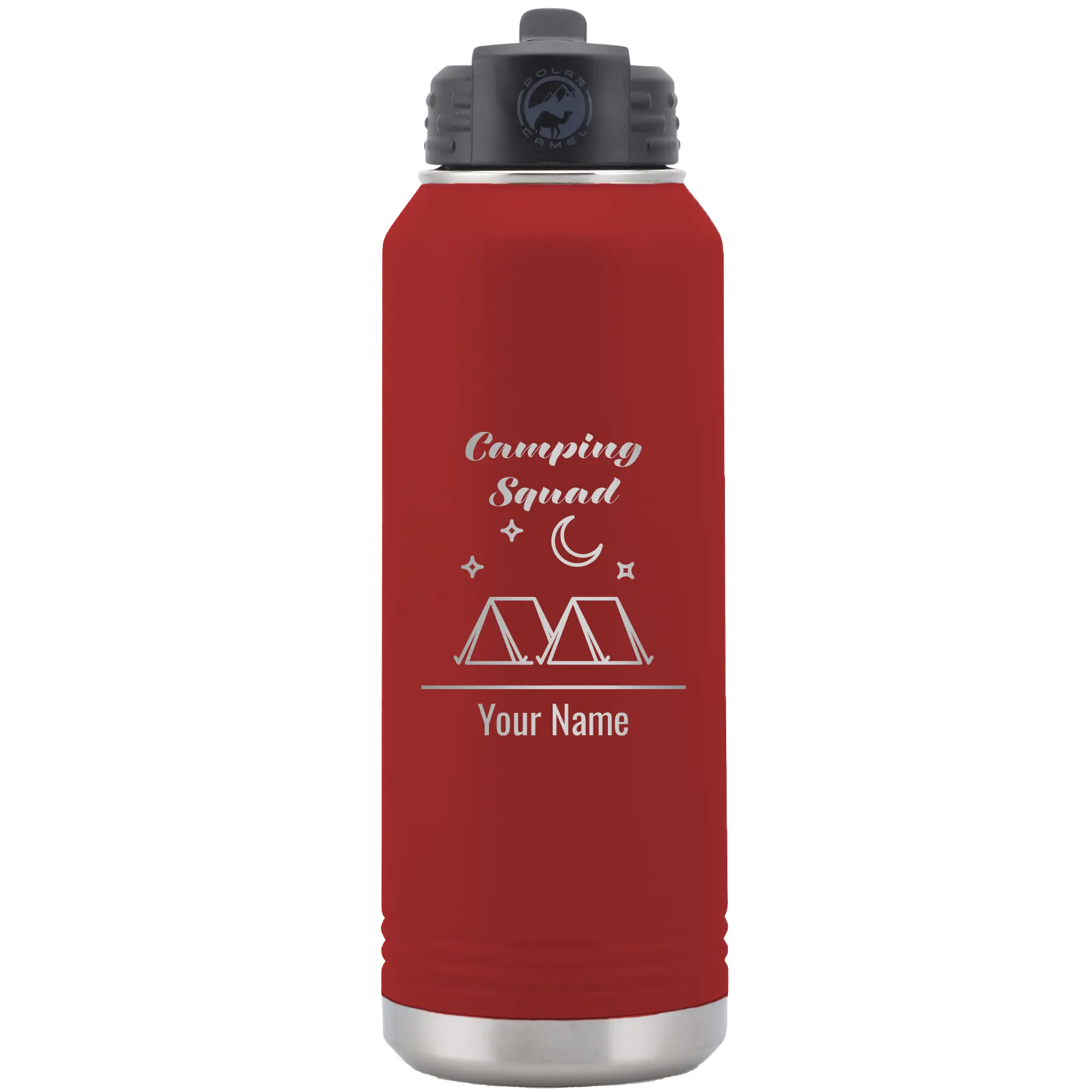 Personalized maroon 32 oz vacuum insulated water bottle with 'Camping Squad' design