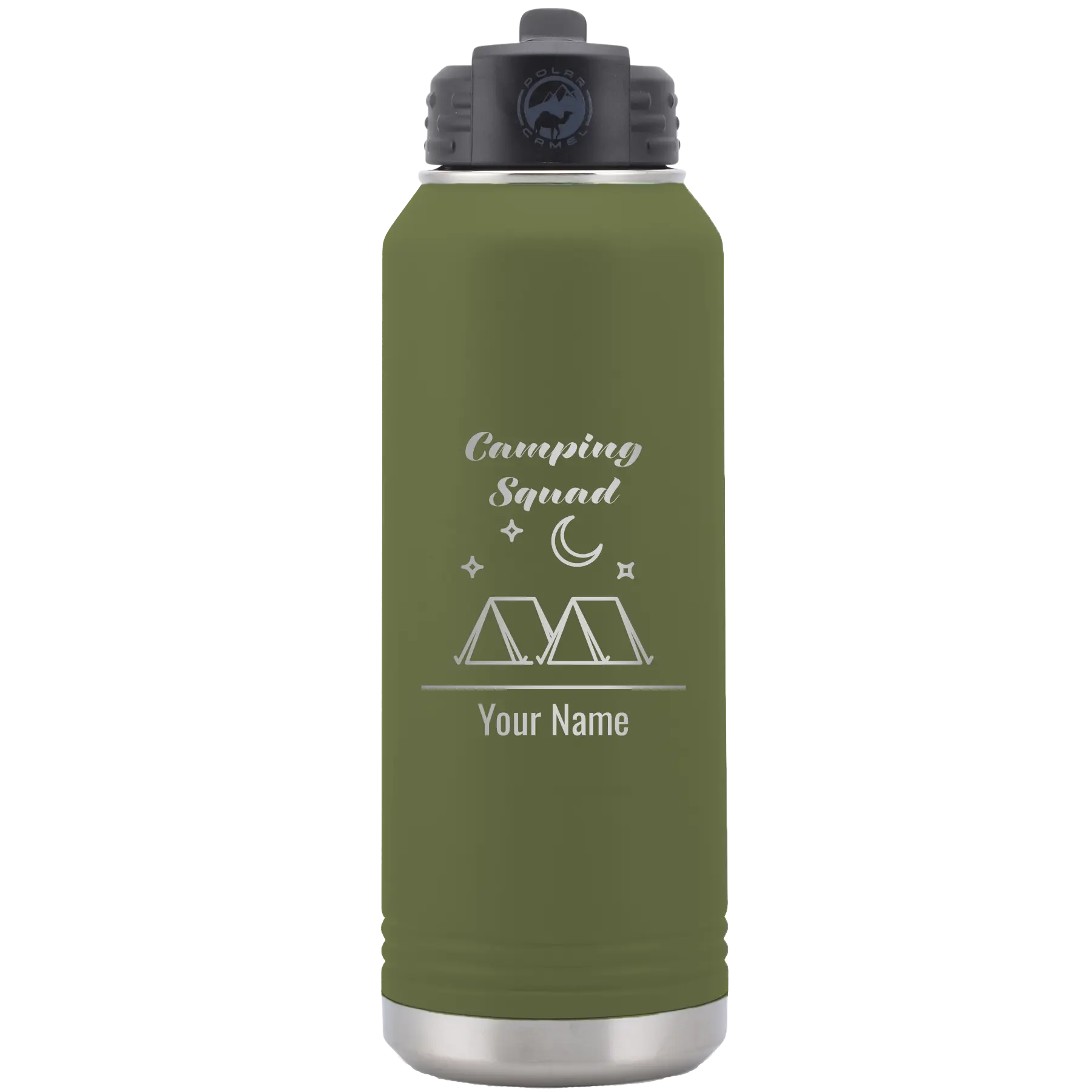 Personalized olive green 32 oz vacuum insulated water bottle with 'Camping Squad' design