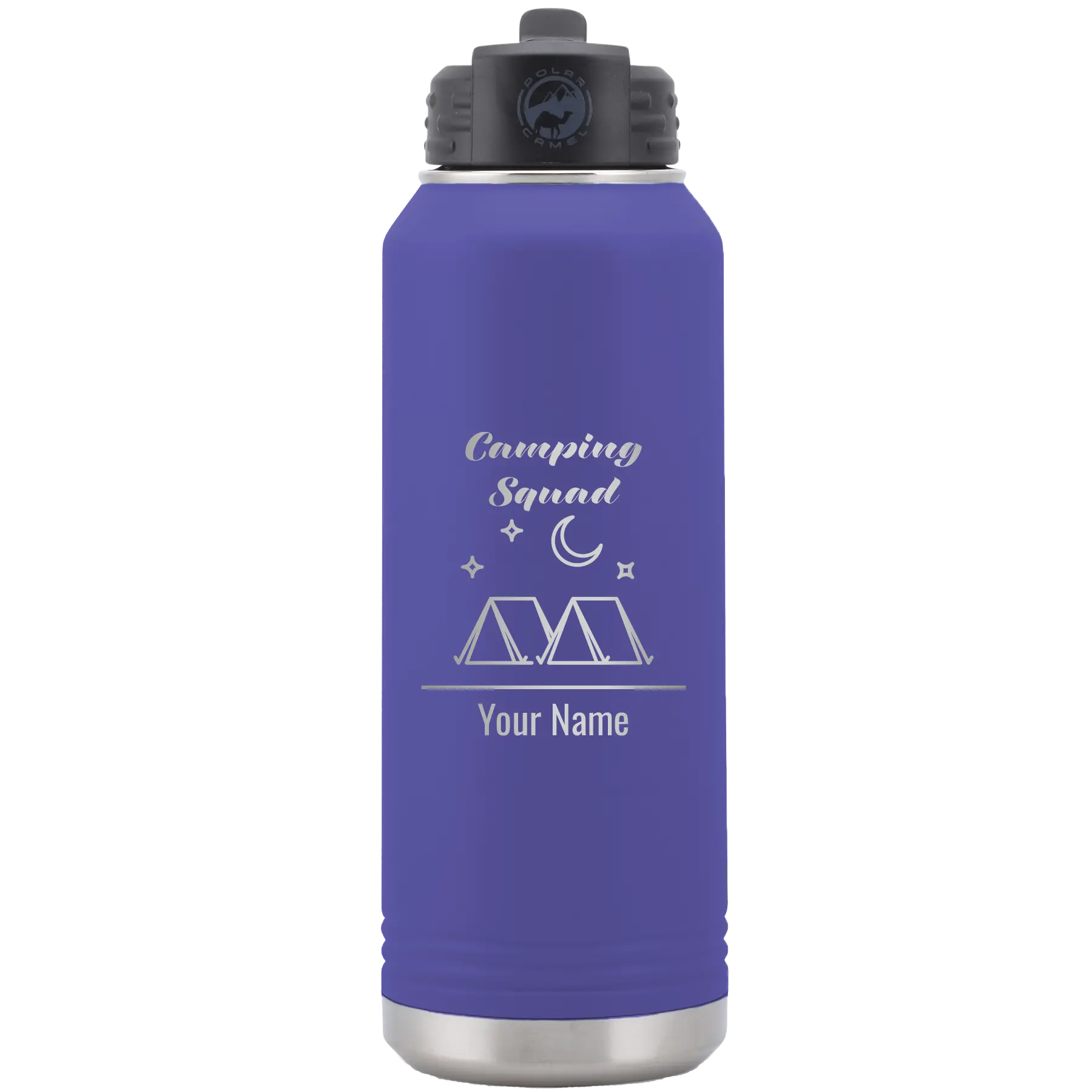 Personalized purple 32 oz vacuum insulated water bottle with 'Camping Squad' design