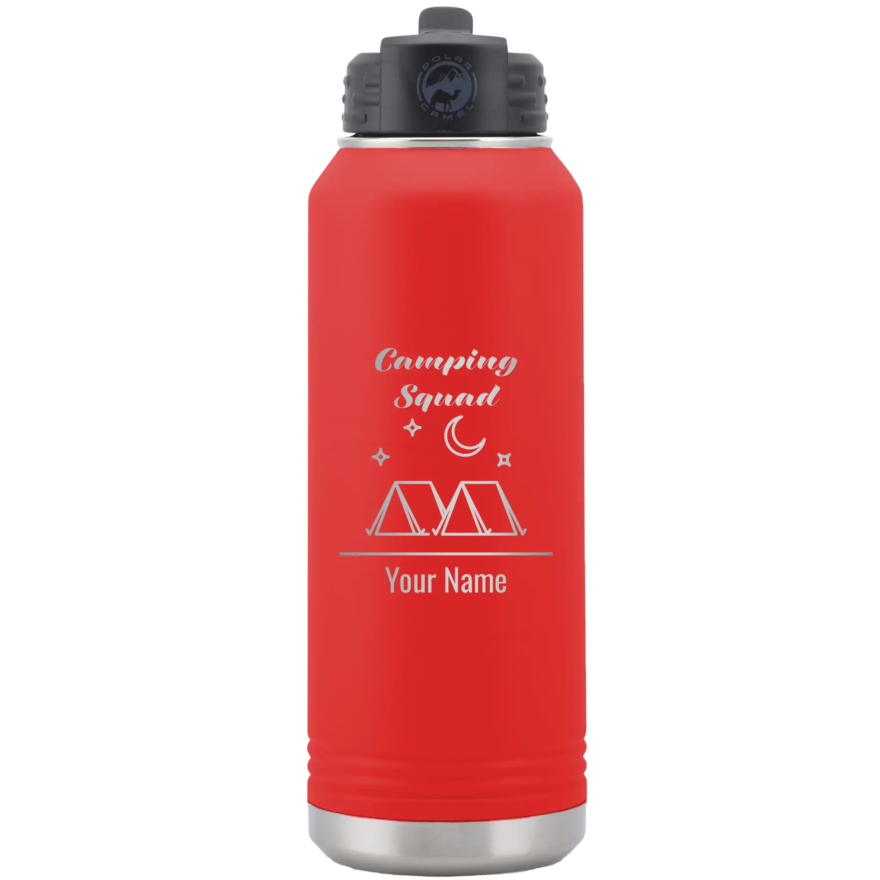 Personalized red 32 oz vacuum insulated water bottle with 'Camping Squad' design