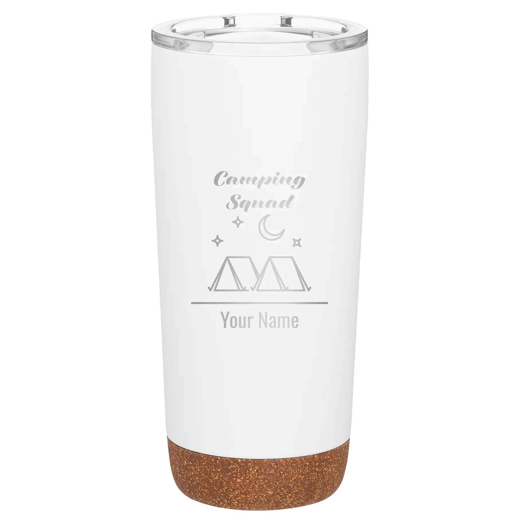 Personalized white 20 oz vacuum insulated tumbler with 'Camping Squad' design