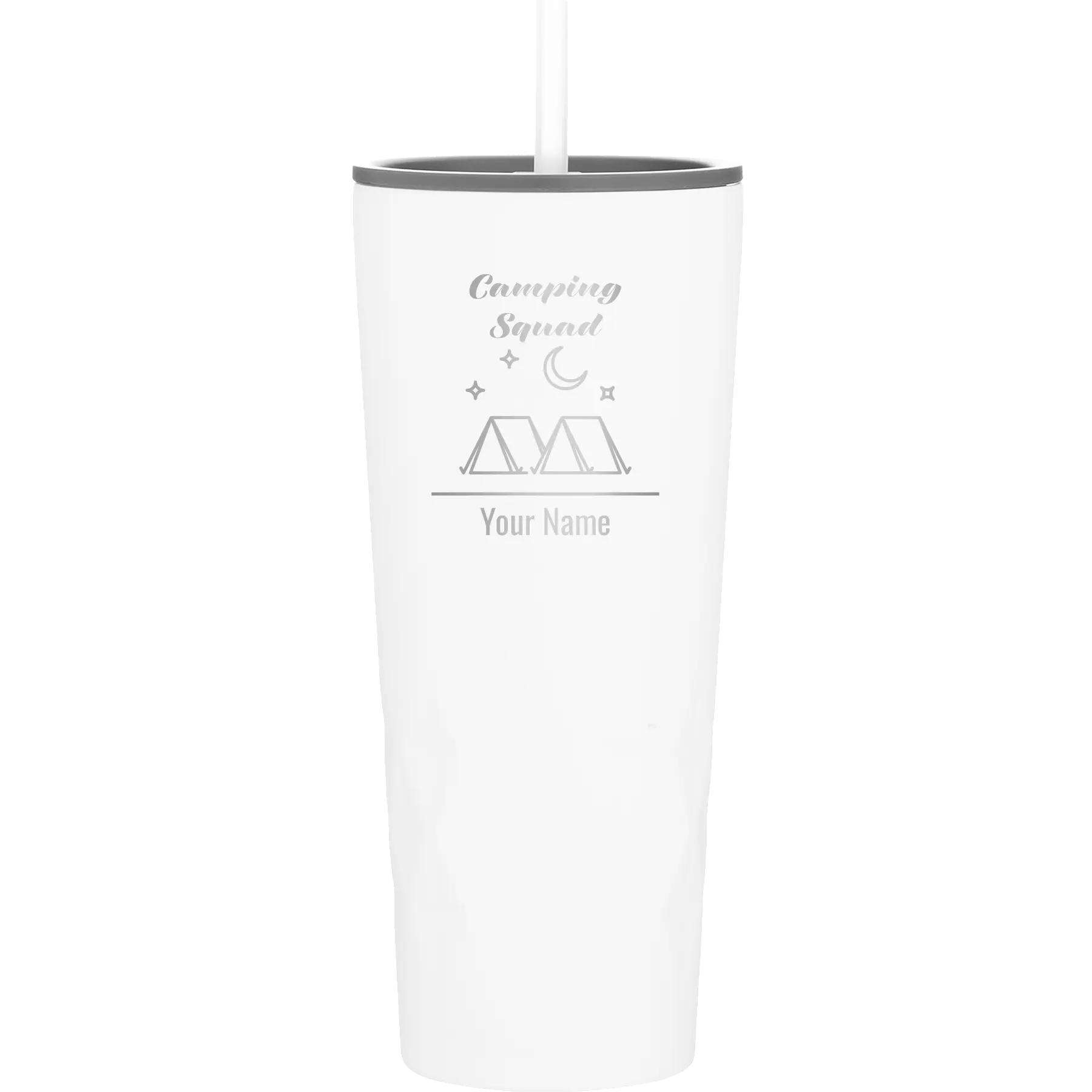 Personalized white 20 oz vacuum insulated tumbler with 'Camping Squad' design
