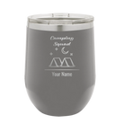 Personalized dark gray 12 oz vacuum insulated wine cup with 'Camping Squad' design