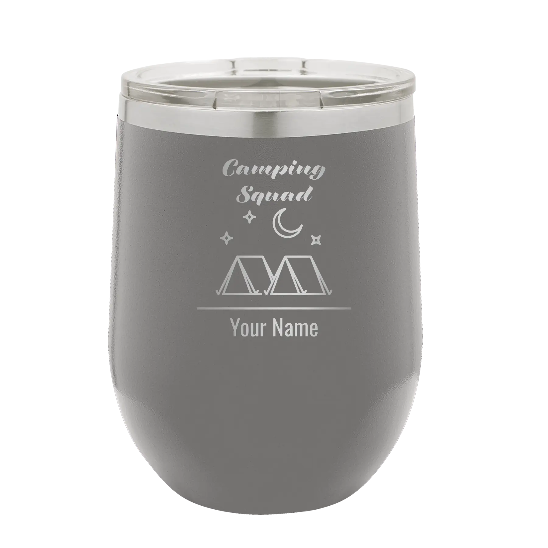 Personalized dark gray 12 oz vacuum insulated wine cup with 'Camping Squad' design