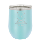 Personalized light blue 12 oz vacuum insulated wine cup with 'Camping Squad' design