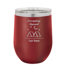 Personalized maroon 12 oz vacuum insulated wine cup with 'Camping Squad' design