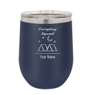 Personalized navy 12 oz vacuum insulated wine cup with 'Camping Squad' design