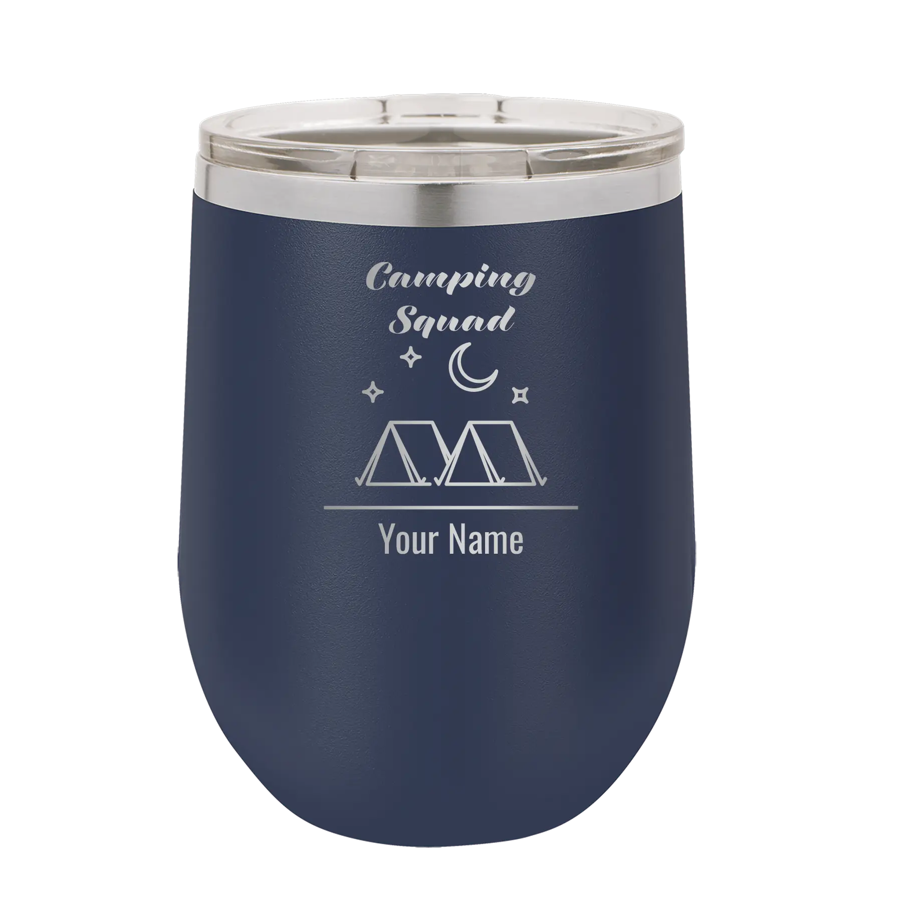 Personalized navy 12 oz vacuum insulated wine cup with 'Camping Squad' design