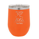 Personalized orange 12 oz vacuum insulated wine cup with 'Camping Squad' design