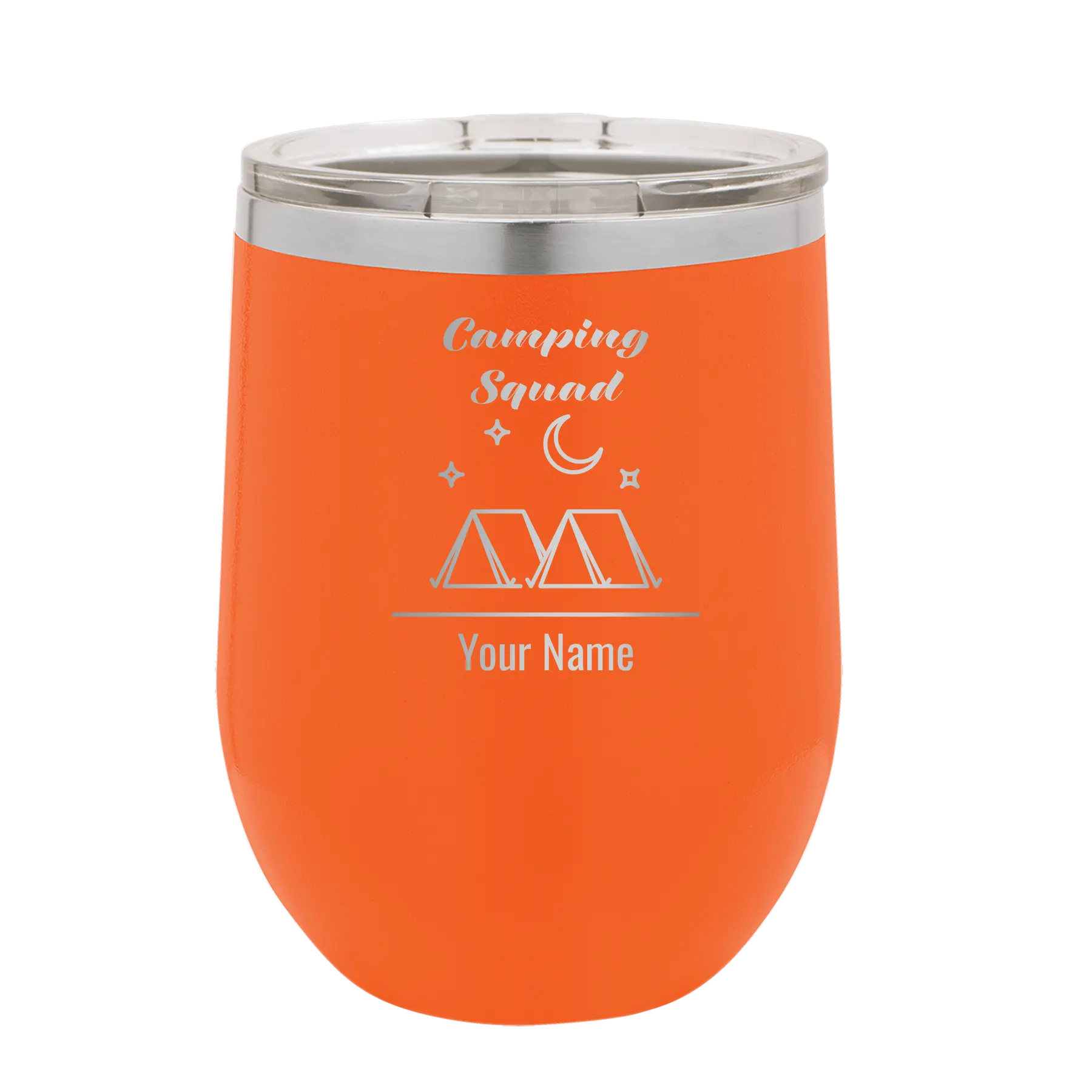 Personalized orange 12 oz vacuum insulated wine cup with 'Camping Squad' design