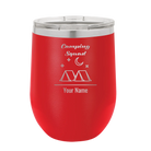 Personalized red 12 oz vacuum insulated wine cup with 'Camping Squad' design