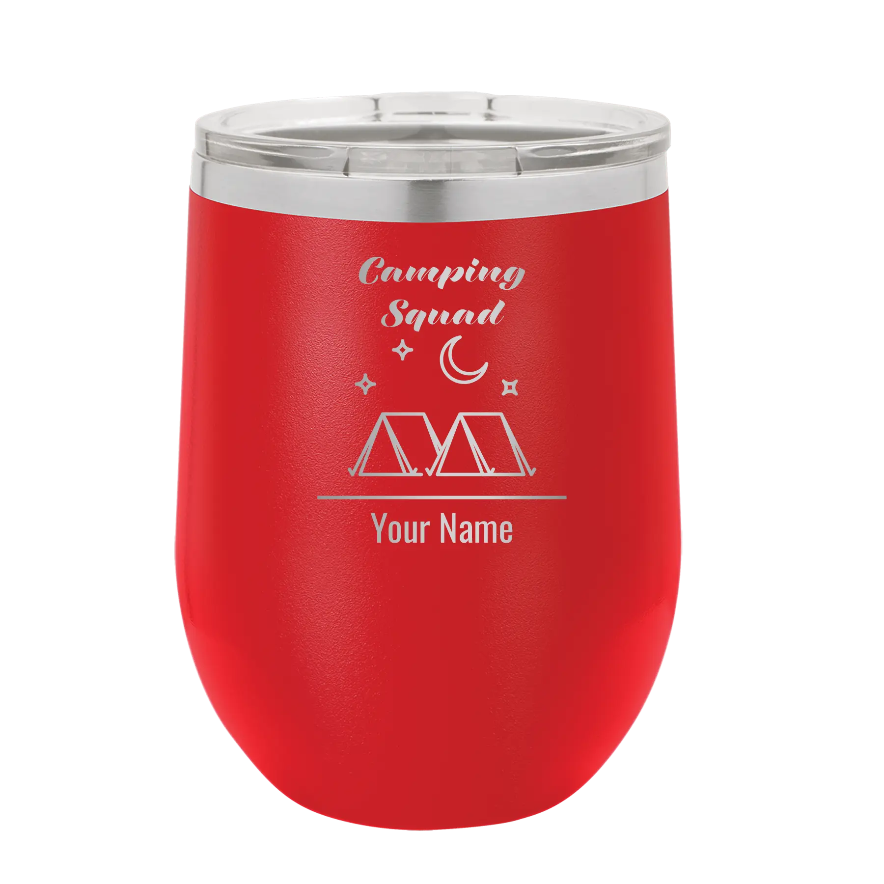 Personalized red 12 oz vacuum insulated wine cup with 'Camping Squad' design